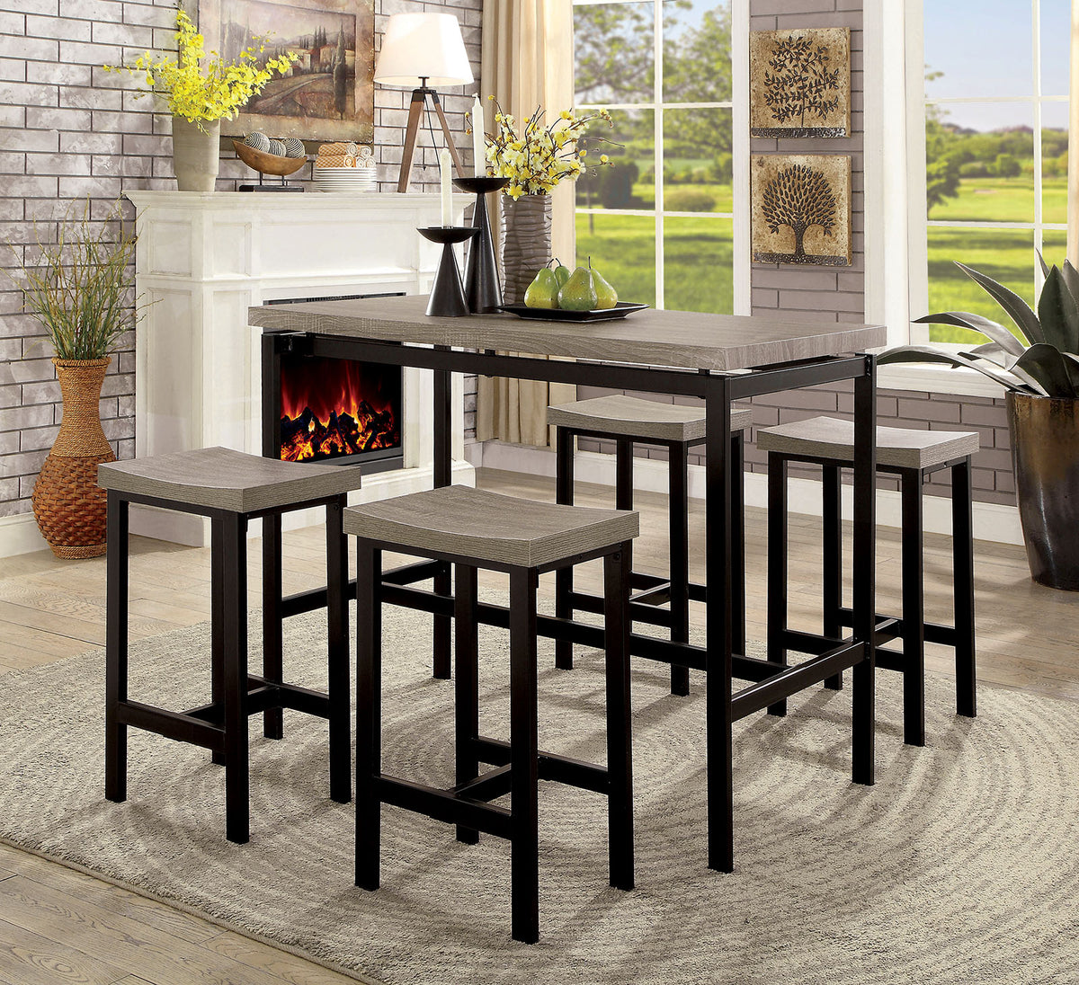 5 Pc Counter Height Table Set Two Tone Design Black Gray Dining Chairs Sturdy Metal Construction PVC Table Top Dining Room Furniture