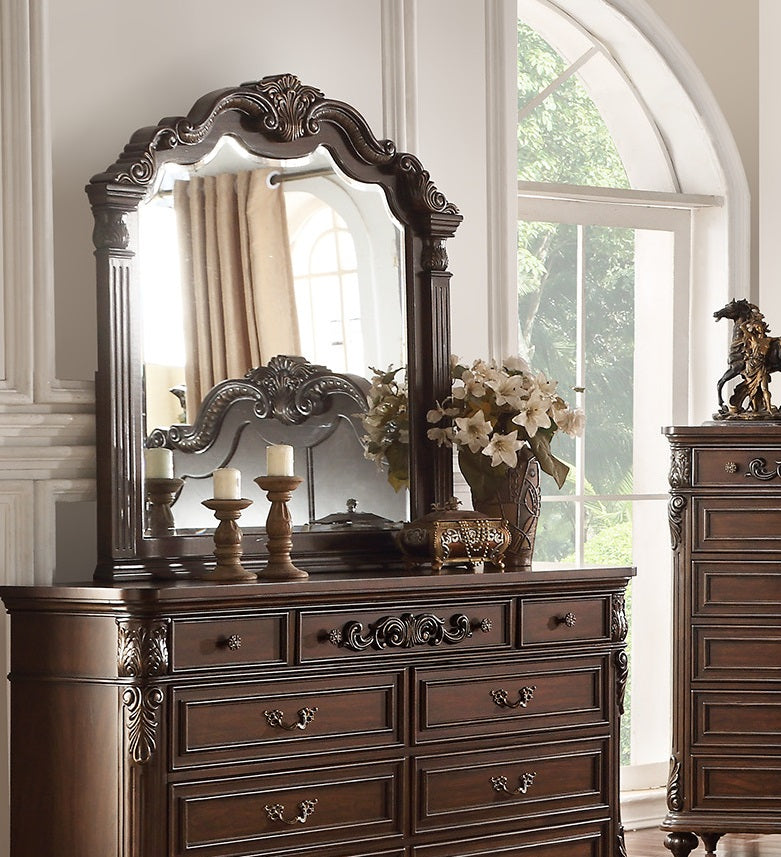 Traditional Formal Antique Cherry / Antique Walnut Unique Design Dresser w Mirror Drawers Storage Bedroom Furniture