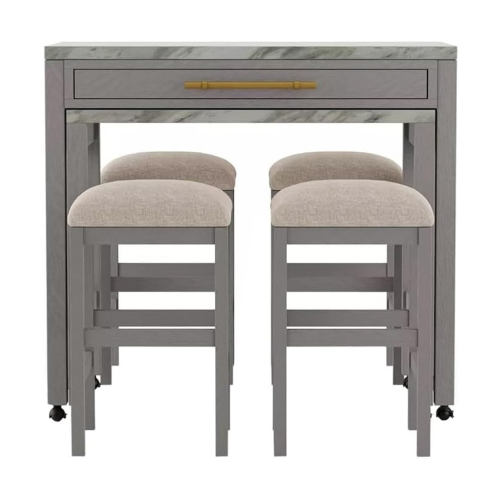 Rustic 5pc Dining Set Counter Height Dining Table w Storage drawer Faux Marble Top 4x Stools Light Gray Dining Room Furniture