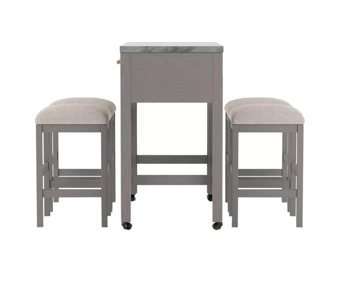 Rustic 5pc Dining Set Counter Height Dining Table w Storage drawer Faux Marble Top 4x Stools Light Gray Dining Room Furniture