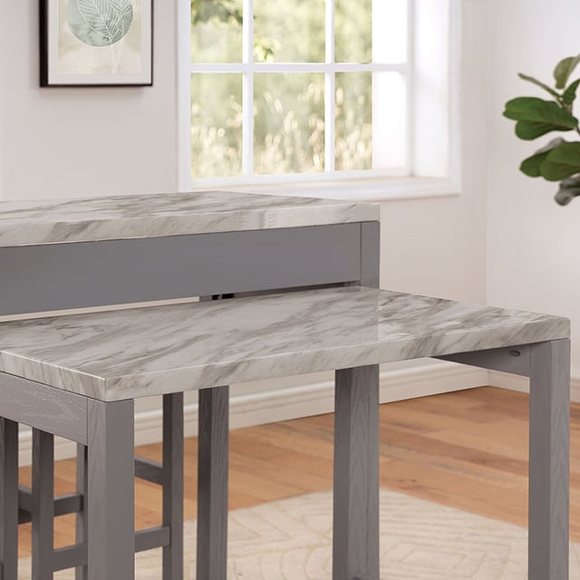 Rustic 3pc Dining Set Counter Height Dining Table w Storage drawer Faux Marble Top 2x Stools Light Gray Dining Room Furniture