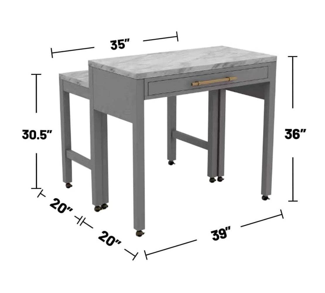 Rustic 3pc Dining Set Counter Height Dining Table w Storage drawer Faux Marble Top 2x Stools Light Gray Dining Room Furniture
