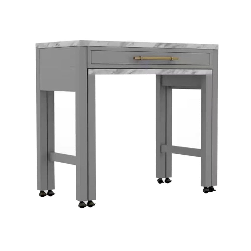 Rustic 3pc Dining Set Counter Height Dining Table w Storage drawer Faux Marble Top 2x Stools Light Gray Dining Room Furniture
