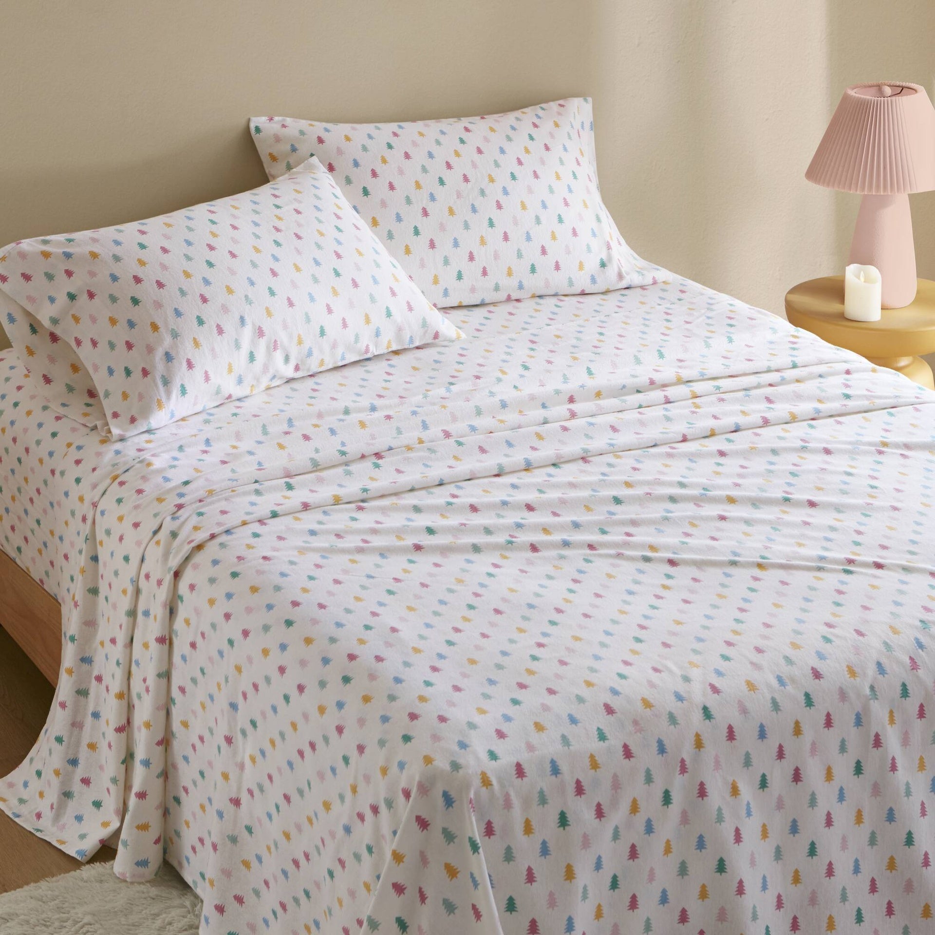 4-Piece Full 100% Cotton Flannel Pigment Printed Sheet Set,Tree Block