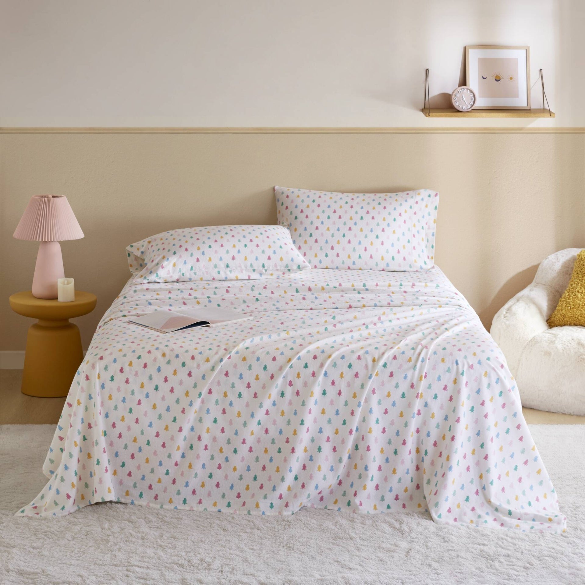 4-Piece Full 100% Cotton Flannel Pigment Printed Sheet Set,Tree Block
