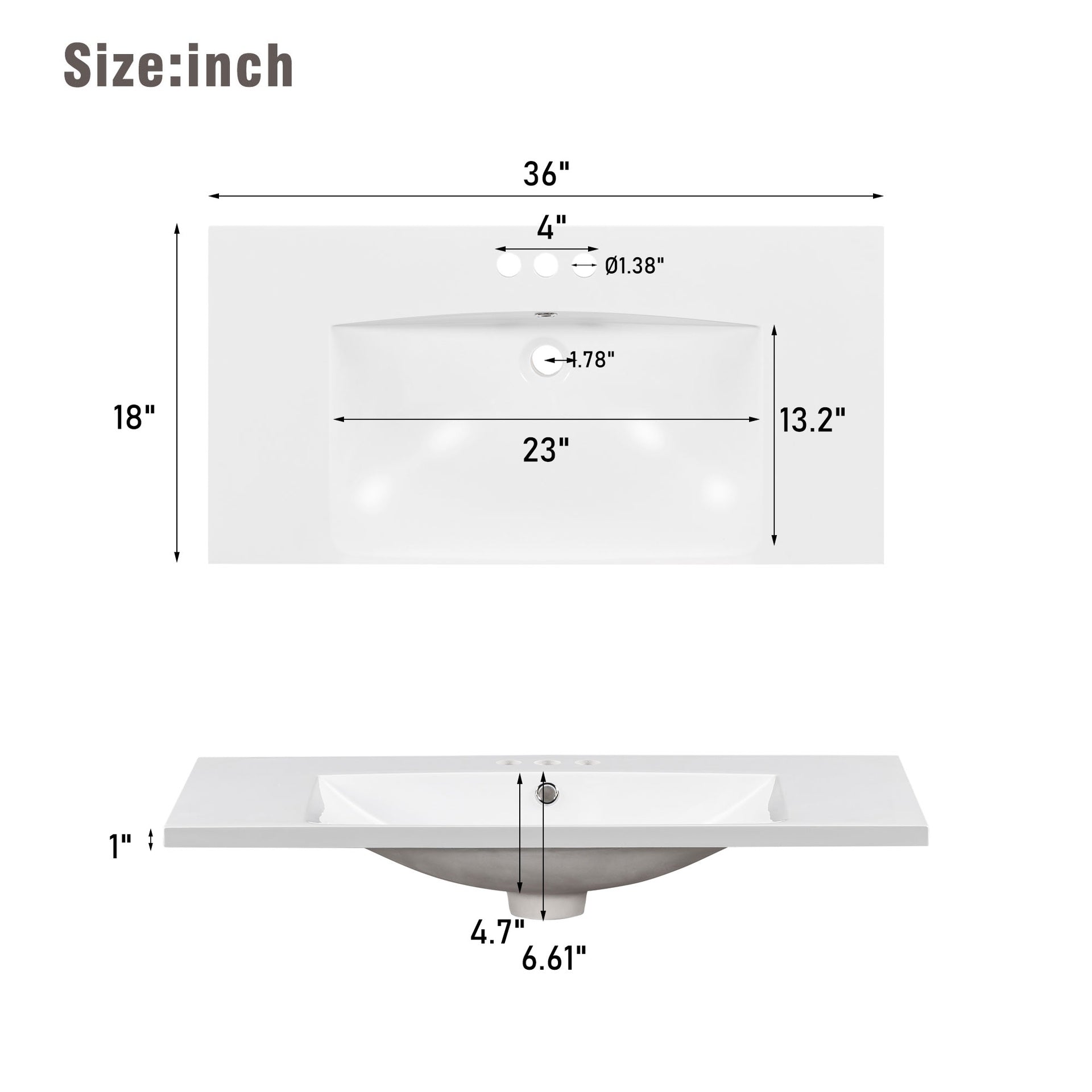 [Sink Only] 36x18" Rectangular 3 Hole Bathroom Resin Sink, Vanity Top Sink Only, Fits 4" Center Faucet, White (Faucet and cabinet not included)