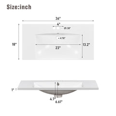 [Sink Only] 36x18" Rectangular 3 Hole Bathroom Resin Sink, Vanity Top Sink Only, Fits 4" Center Faucet, White (Faucet and cabinet not included)