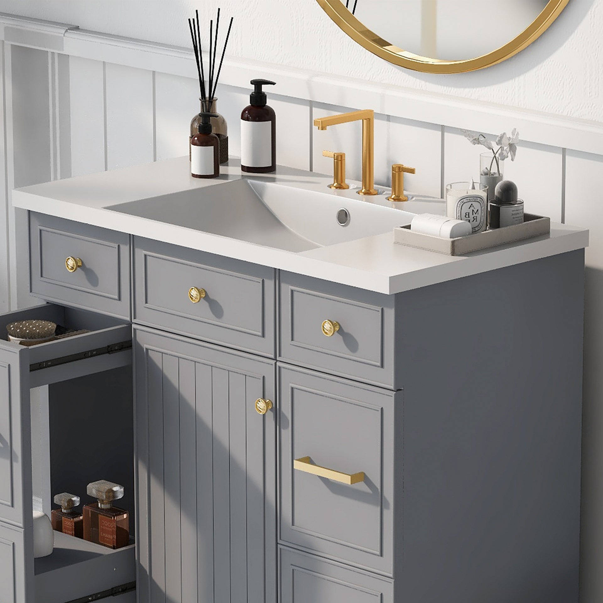 [Sink Only] 36x18" Rectangular 3 Hole Bathroom Resin Sink, Vanity Top Sink Only, Fits 4" Center Faucet, White (Faucet and cabinet not included)
