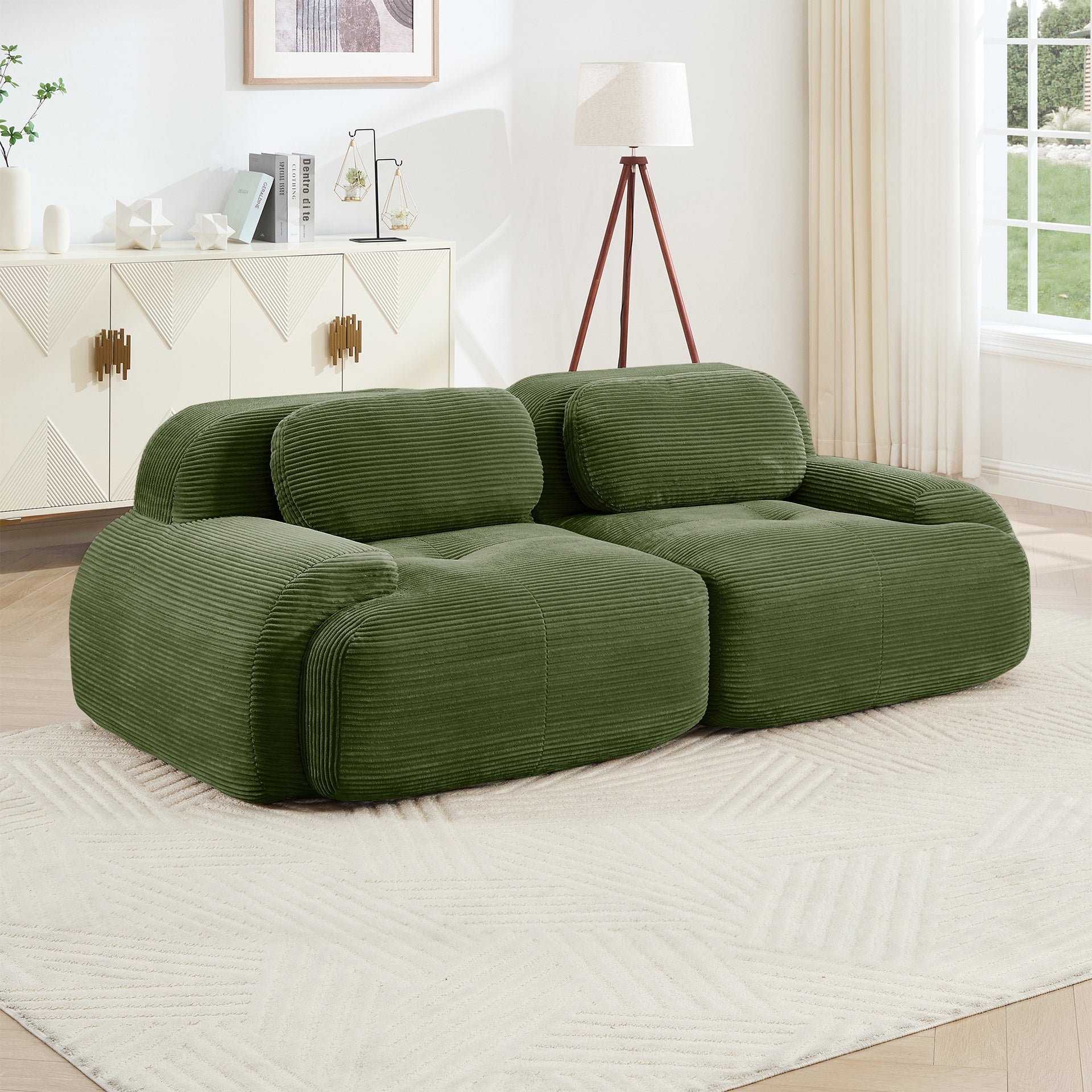 82'' loveseat sofa in luxuryCorduroy Fabric modular for free combo separation curved armrests ,anti-slip design high-resilience sponge fits living rooms bedrooms Audiovisual Room,Olive green