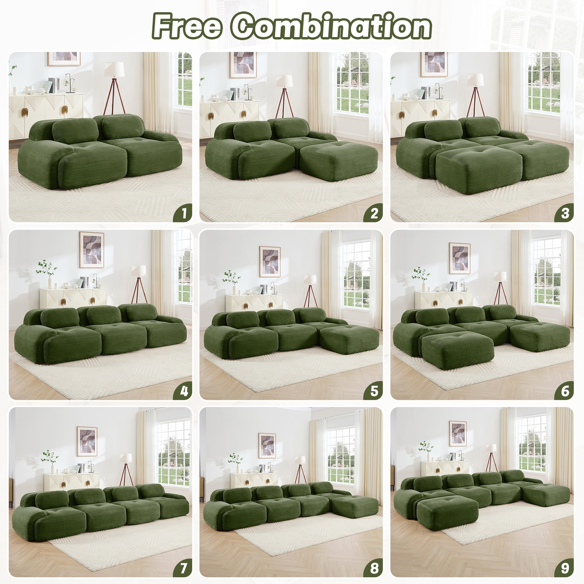 82'' loveseat sofa in luxuryCorduroy Fabric modular for free combo separation curved armrests ,anti-slip design high-resilience sponge fits living rooms bedrooms Audiovisual Room,Olive green