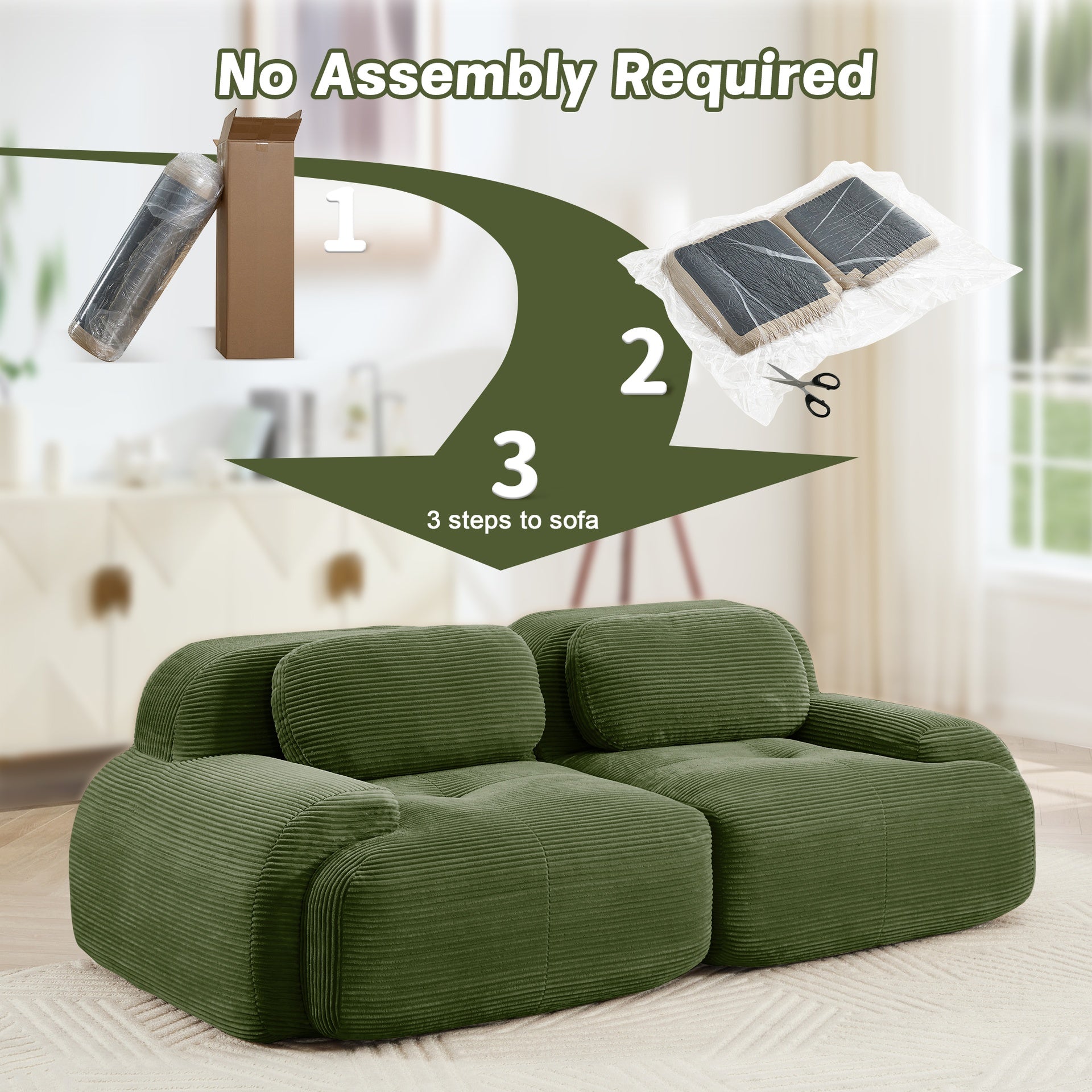 82'' loveseat sofa in luxuryCorduroy Fabric modular for free combo separation curved armrests ,anti-slip design high-resilience sponge fits living rooms bedrooms Audiovisual Room,Olive green