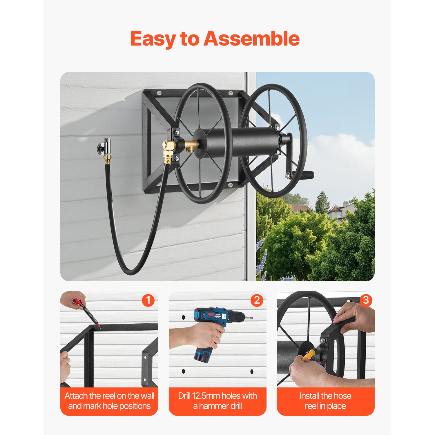 Wall Mounted Garden Hose Reel 200ft 5/8 in Manual Hose Winder Brass Fitting