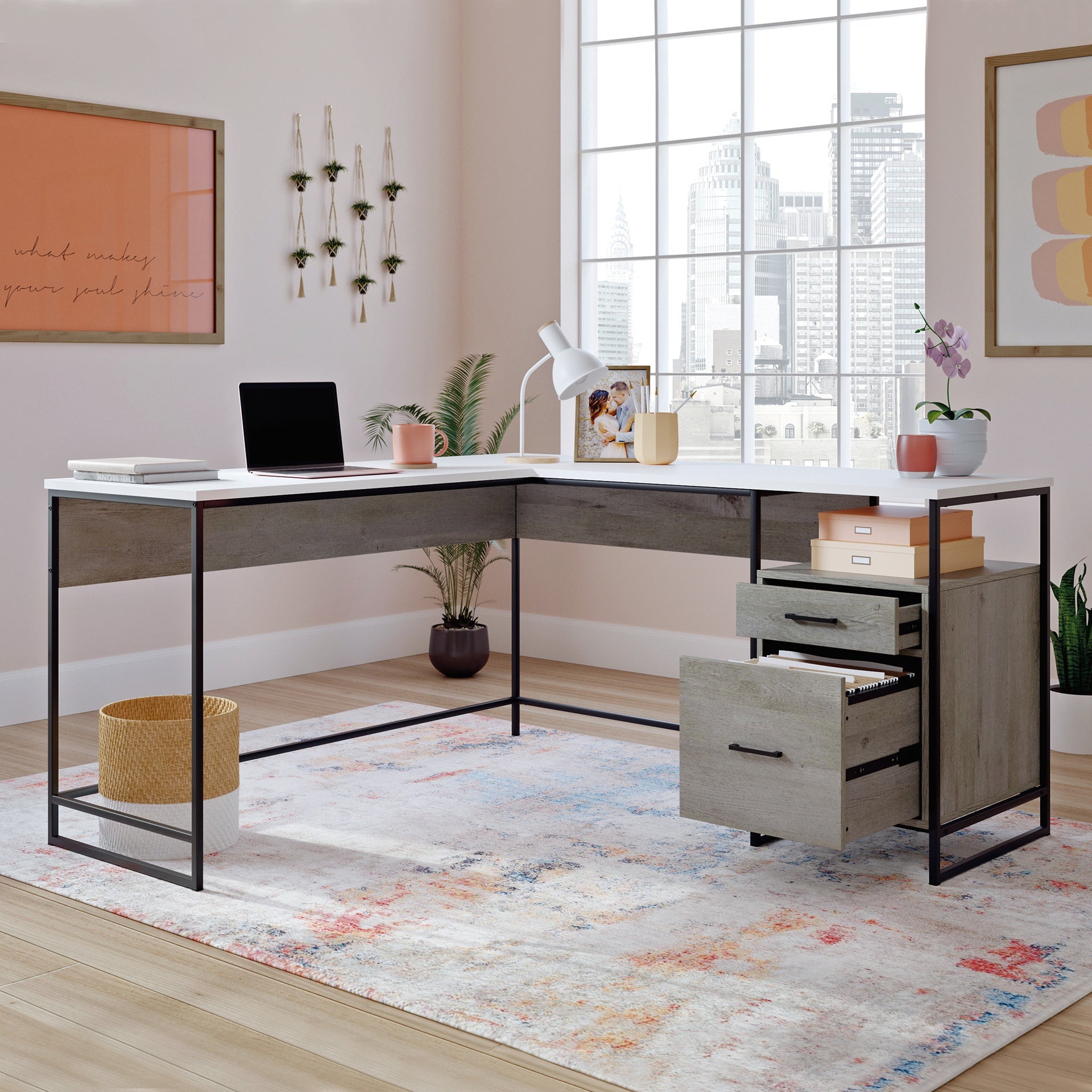 L-Shaped Desk with Minimalist Design, Brown finish