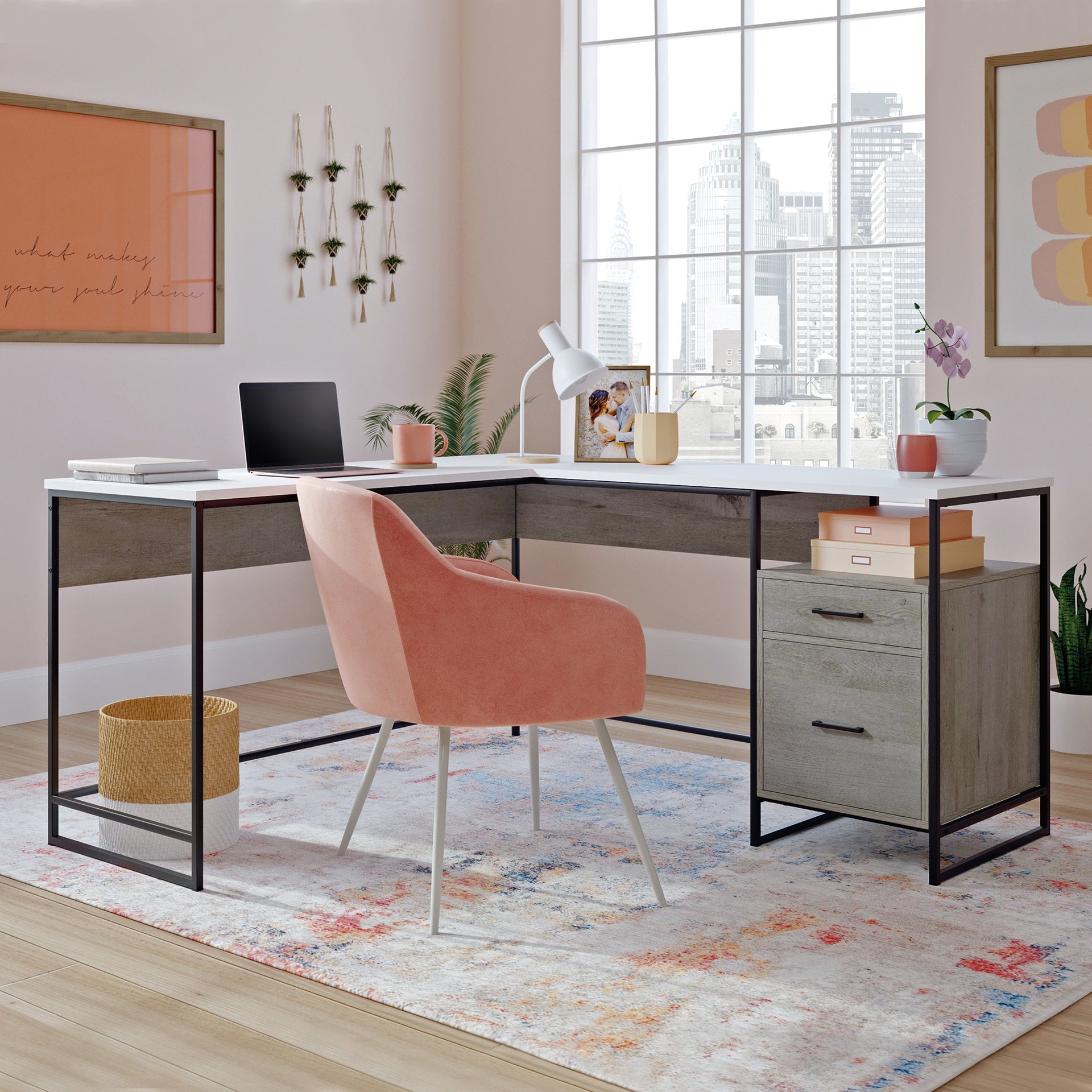 L-Shaped Desk with Minimalist Design, Brown finish