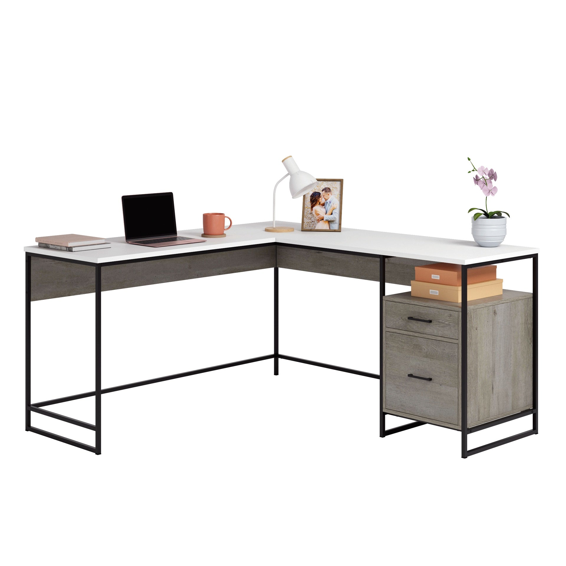 L-Shaped Desk with Minimalist Design, Brown finish