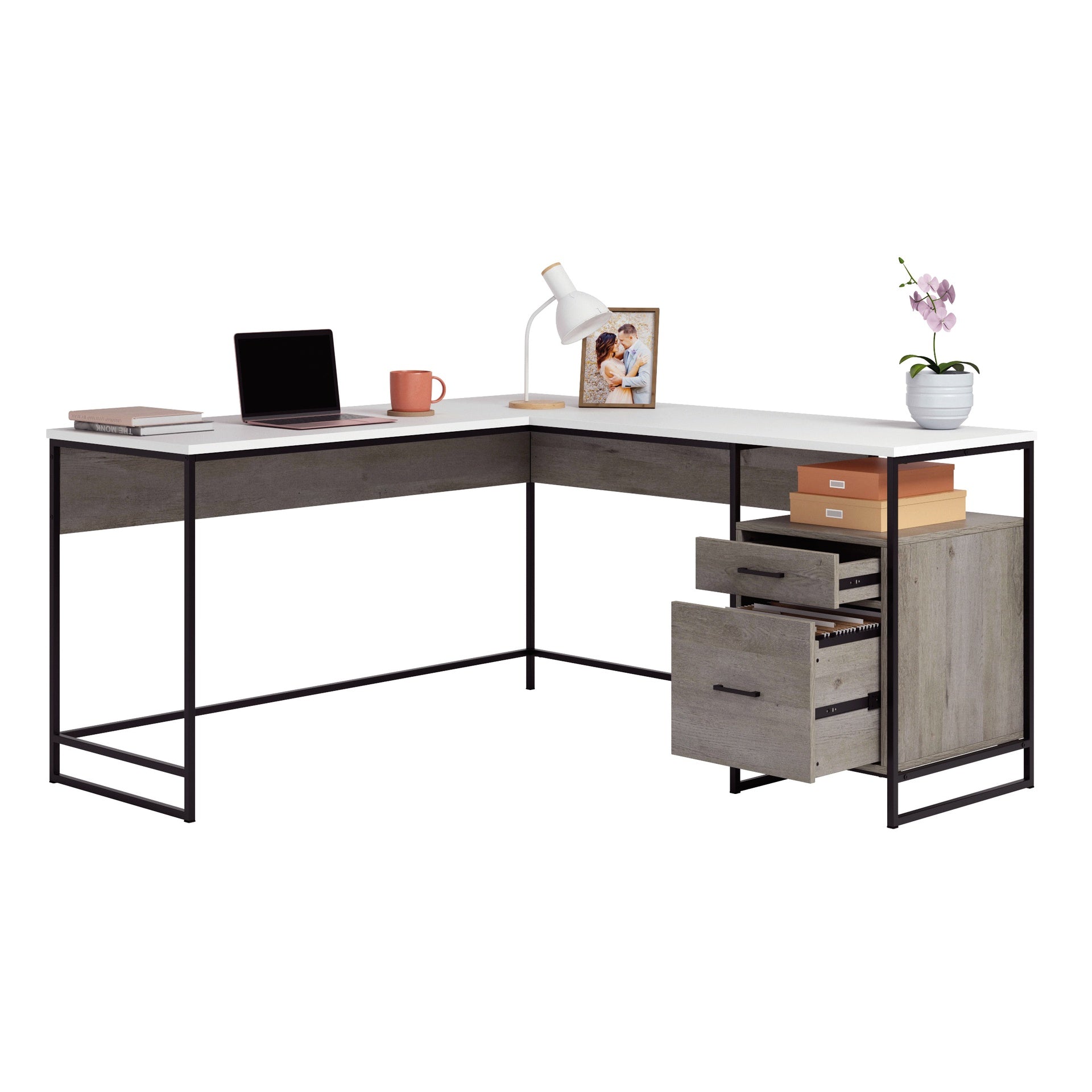 L-Shaped Desk with Minimalist Design, Brown finish