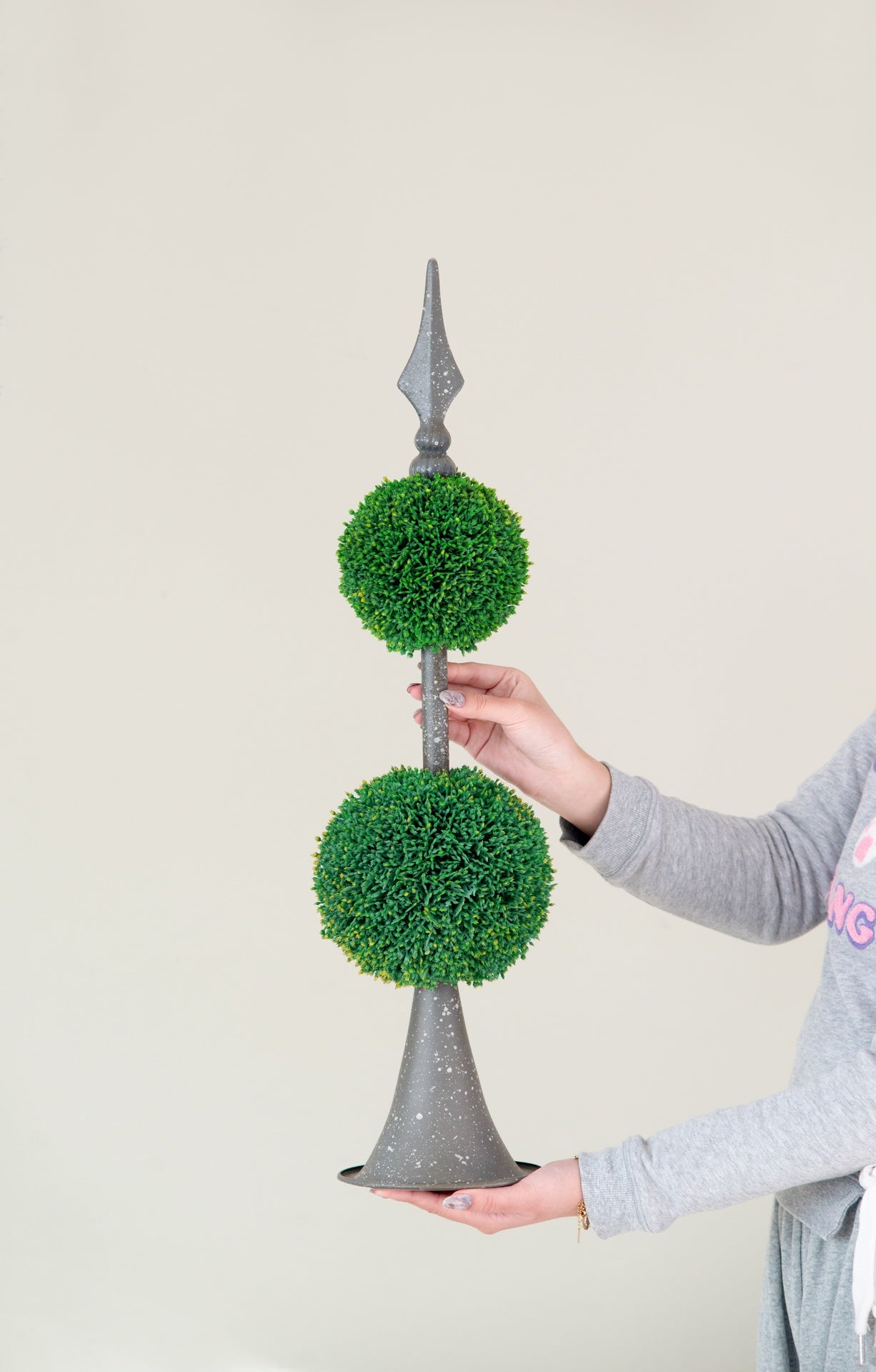 D7x26.5" Artificial Two-Tiered Boxwood Sphere Topiary on Metal Spire