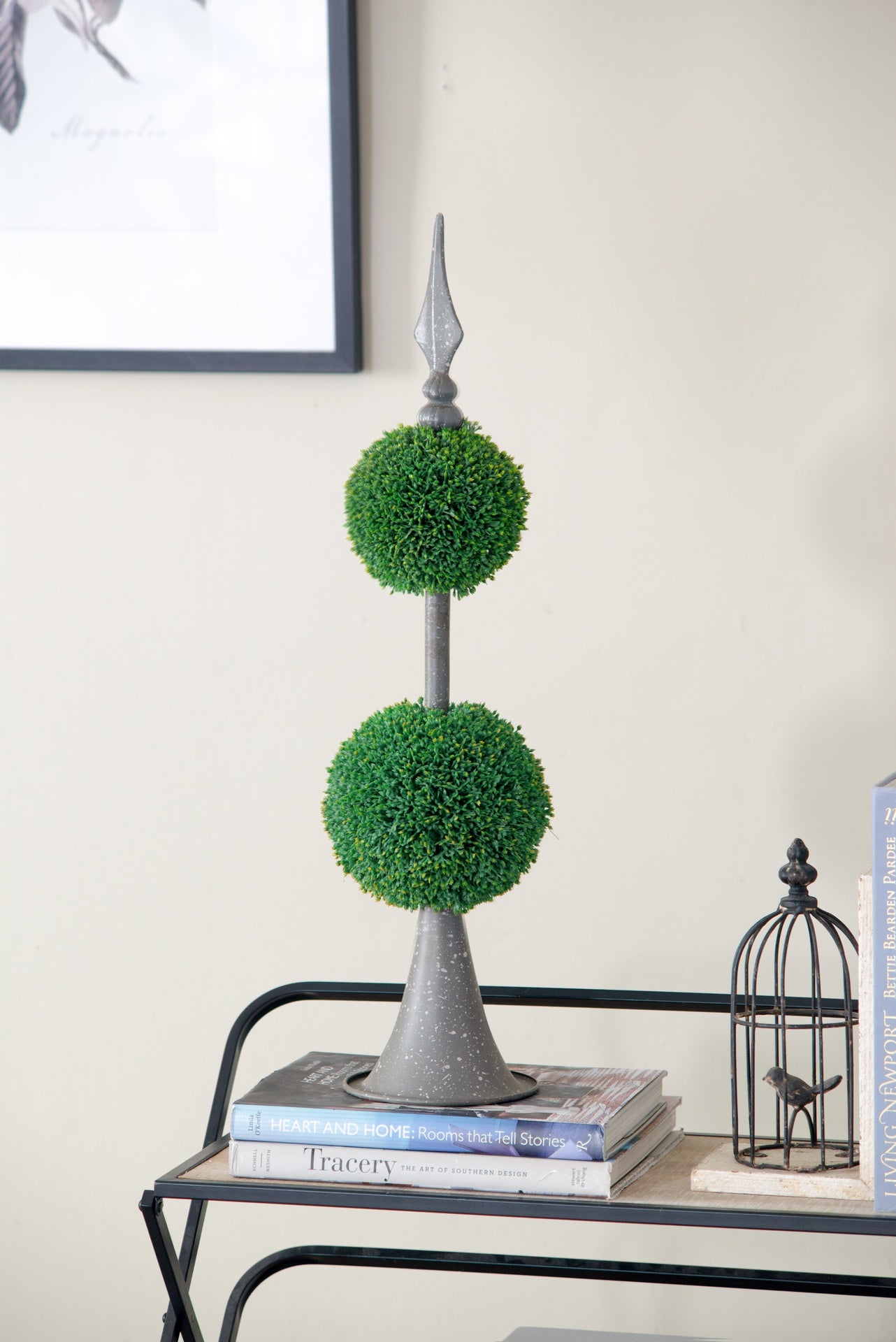 D7x26.5" Artificial Two-Tiered Boxwood Sphere Topiary on Metal Spire