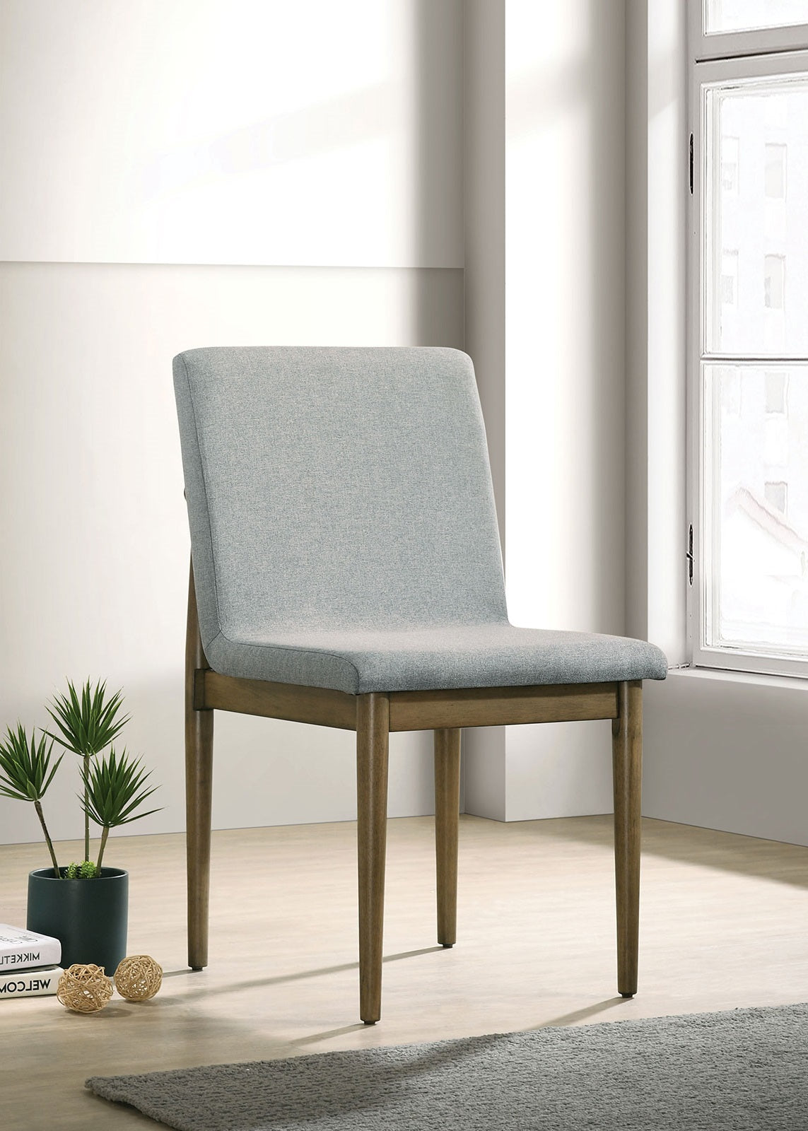 Natural Tone Frame Light Gray Fabric Set of 2pc Side Chairs Dining Room Furniture Chair Upholstered Seat