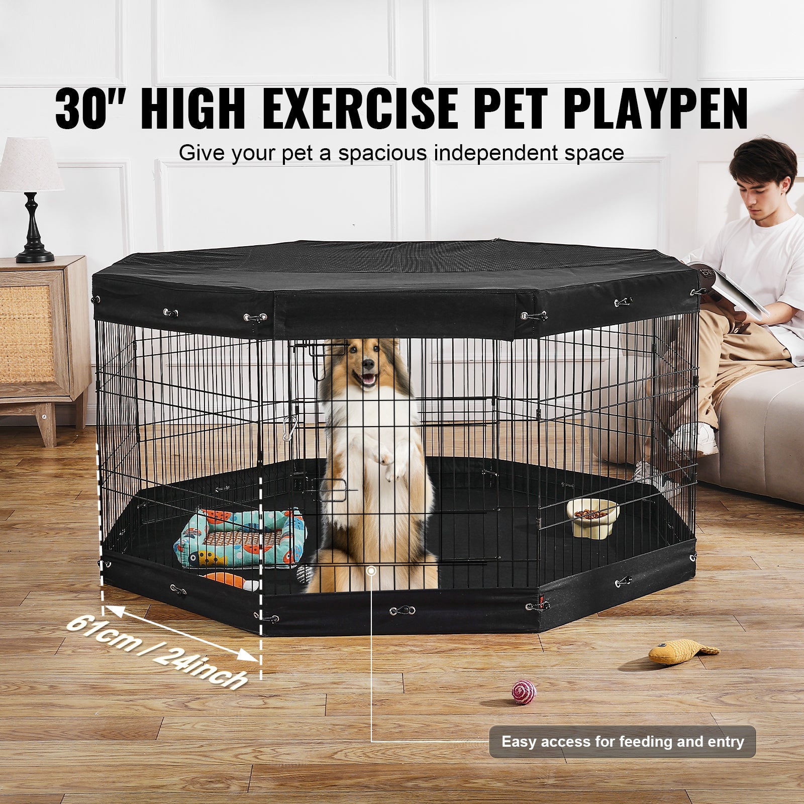 Dog Playpen 8 Panels Foldable Metal Dog Exercise Pen with Pad Cover 30"H