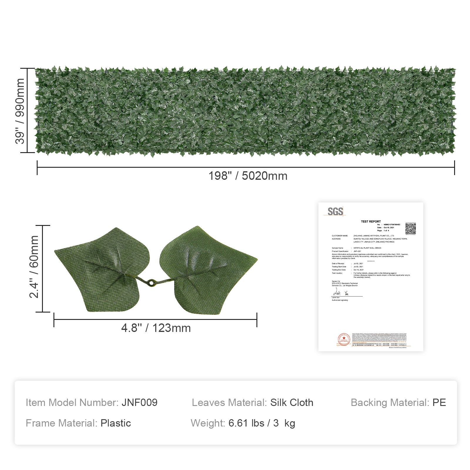 39"x198" Artificial Faux Ivy Leaf Privacy Fence Screen with Mesh Cloth Backing