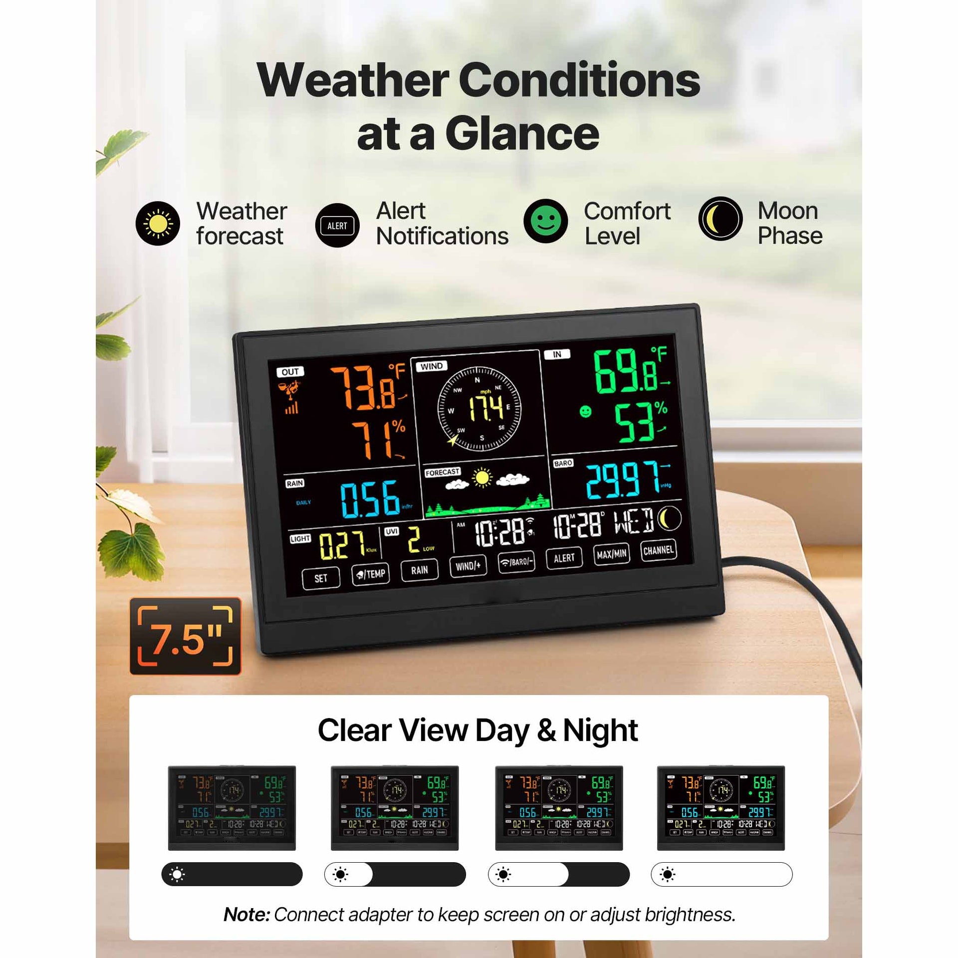 7-in-1 Wi-Fi Weather Station with APP, 7.5-Inch VA Display, Wireless Solar Powered Outdoor Sensor, Rain Gauge, Indoor Outdoor for Weather Forecast, Wind Speed, Temperature, Humidity, Rainfall