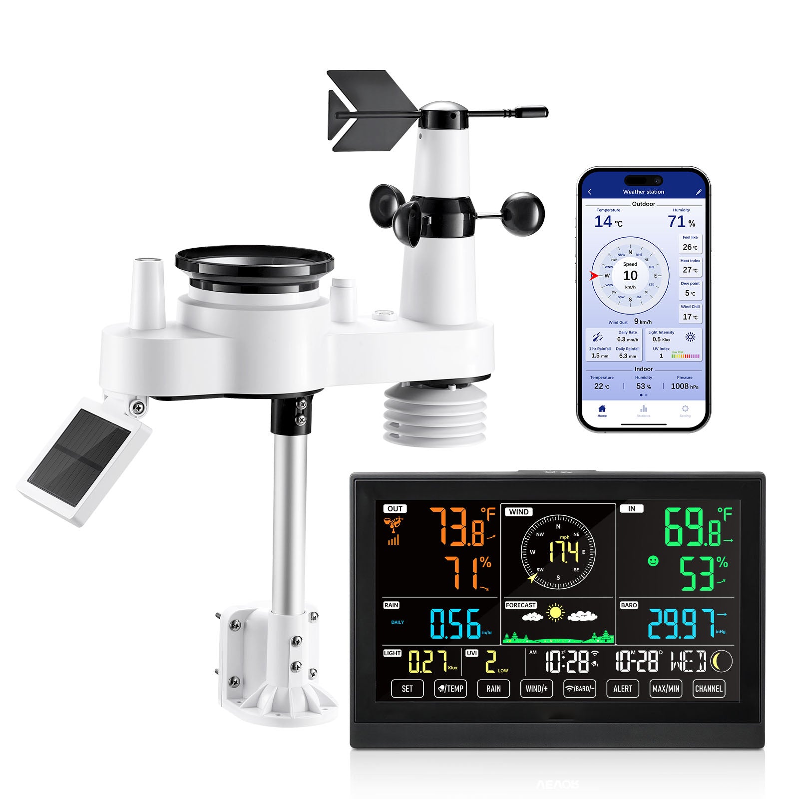 7-in-1 Wi-Fi Weather Station with APP, 7.5-Inch VA Display, Wireless Solar Powered Outdoor Sensor, Rain Gauge, Indoor Outdoor for Weather Forecast, Wind Speed, Temperature, Humidity, Rainfall