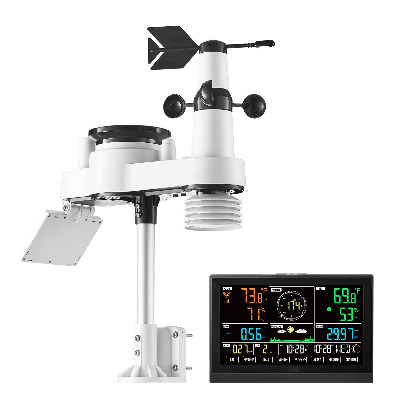7-in-1 Wi-Fi Weather Station with APP, 7.5-Inch VA Display, Wireless Solar Powered Outdoor Sensor, Rain Gauge, Indoor Outdoor for Weather Forecast, Wind Speed, Temperature, Humidity, Rainfall