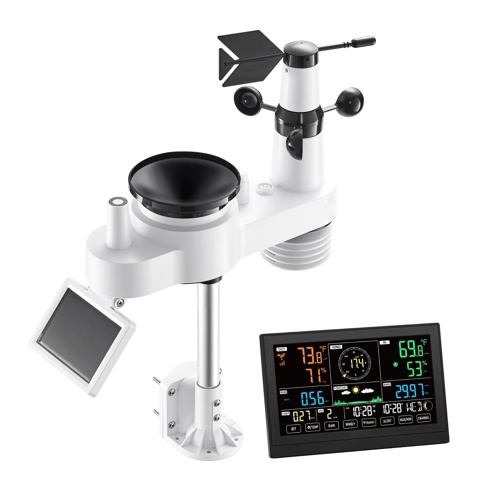 7-in-1 Wi-Fi Weather Station with APP, 7.5-Inch VA Display, Wireless Solar Powered Outdoor Sensor, Rain Gauge, Indoor Outdoor for Weather Forecast, Wind Speed, Temperature, Humidity, Rainfall