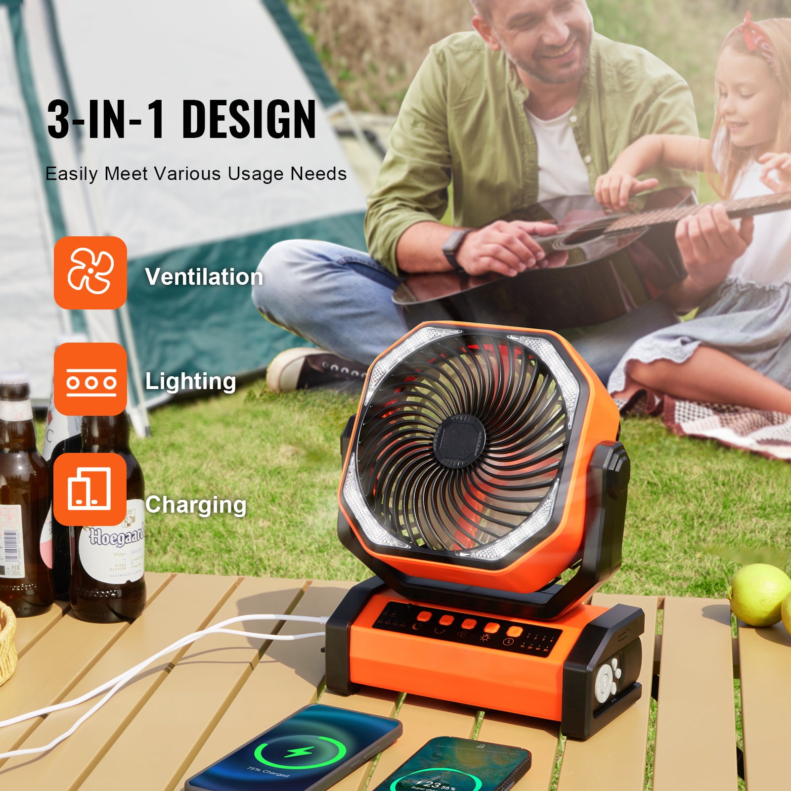 Portable Fan Rechargeable 9 inch, Battery Powered Fan with LED Lantern, 4 Speeds Adjustable & 45°/90°Automatic Swivel & Timer , USB Battery Operated Fans for Travel Bedroom Home Camping Office