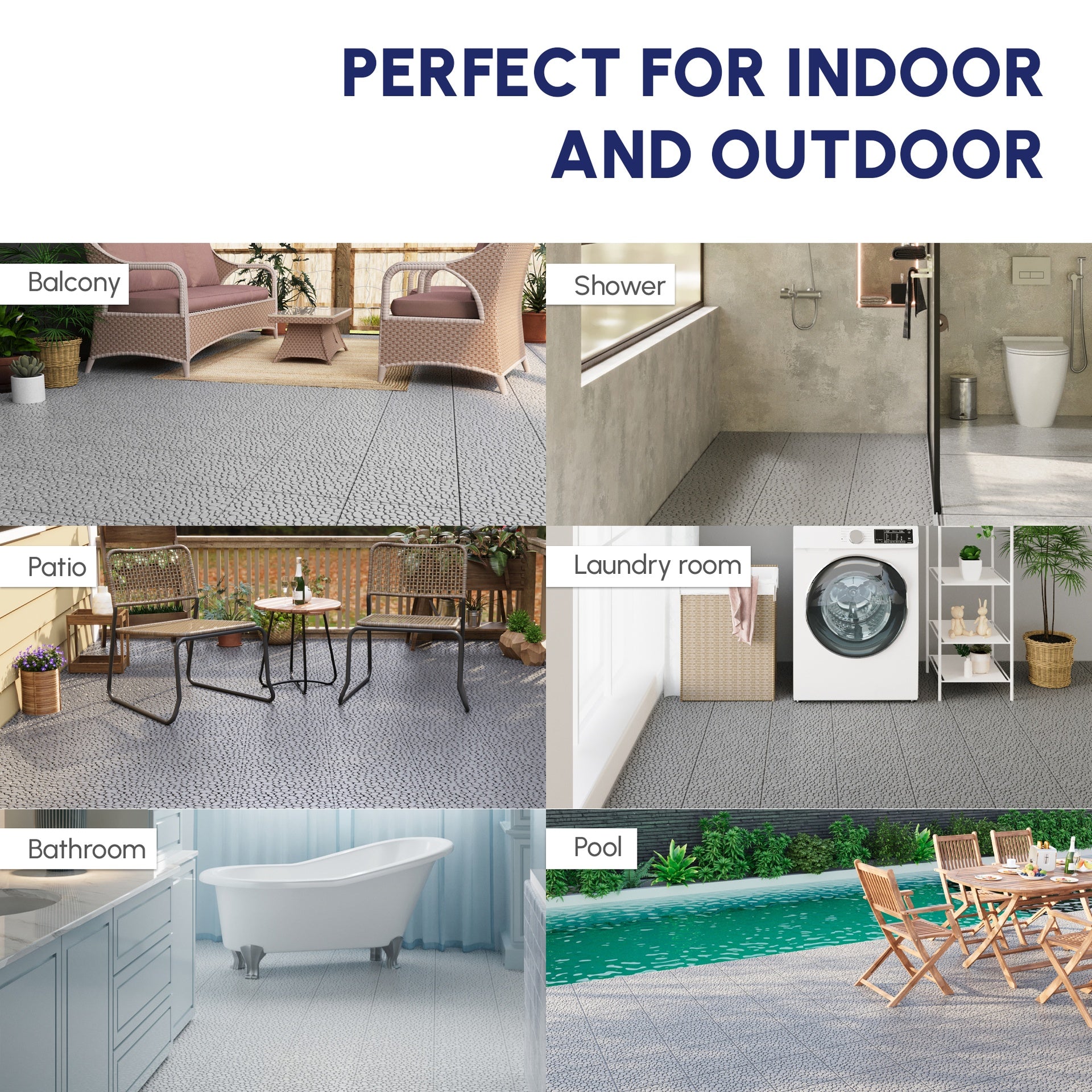 12 x 12 Inch Gray Interlocking Deck Tiles Plastic Waterproof Outdoor All Weather Anti-slip Bathroom Shower Balcony Porch Strong Weight Capacity Upto 440 LBS, Pebble Stone Pattern Pack of 60
