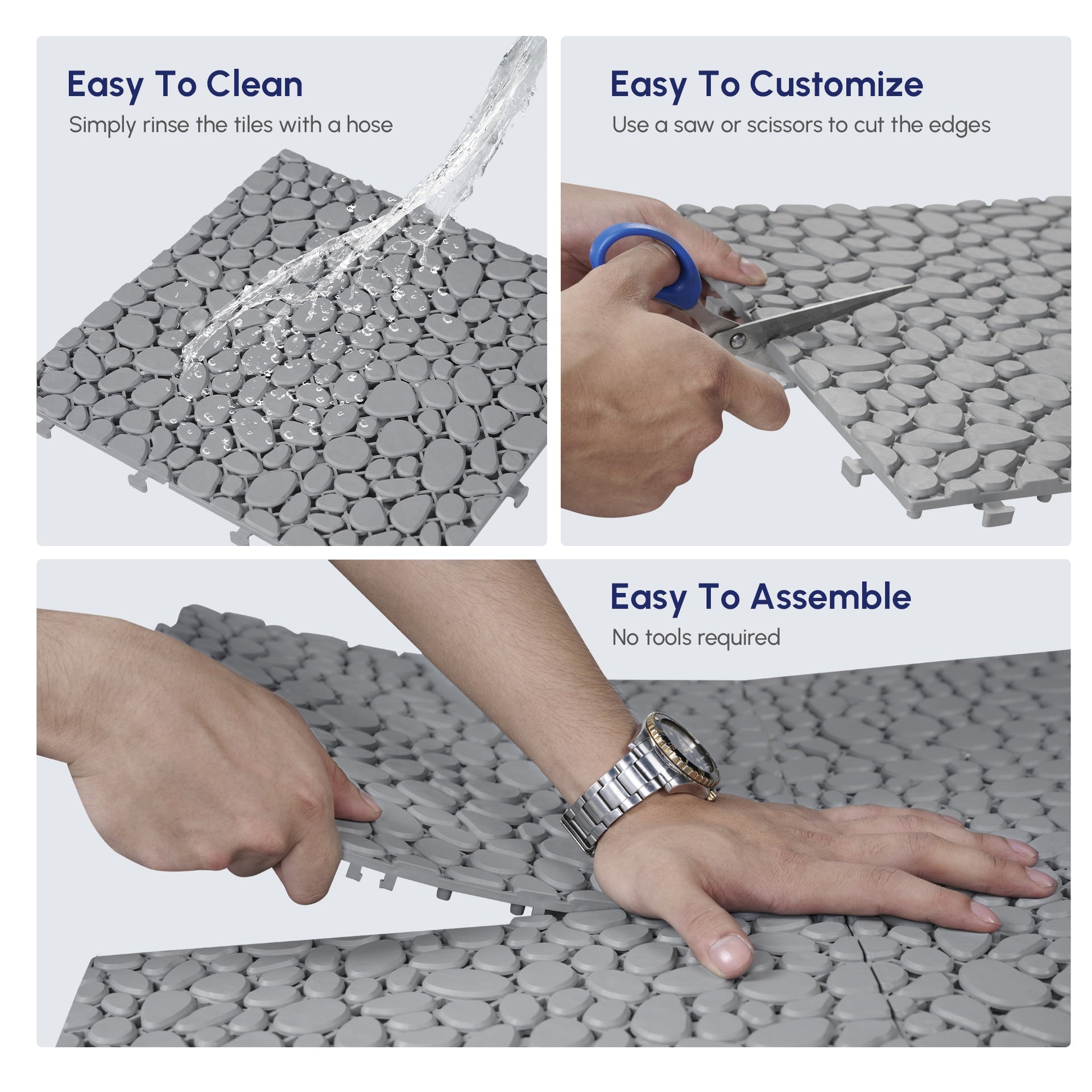 12 x 12 Inch Gray Interlocking Deck Tiles Plastic Waterproof Outdoor All Weather Anti-slip Bathroom Shower Balcony Porch Strong Weight Capacity Upto 440 LBS, Pebble Stone Pattern Pack of 60