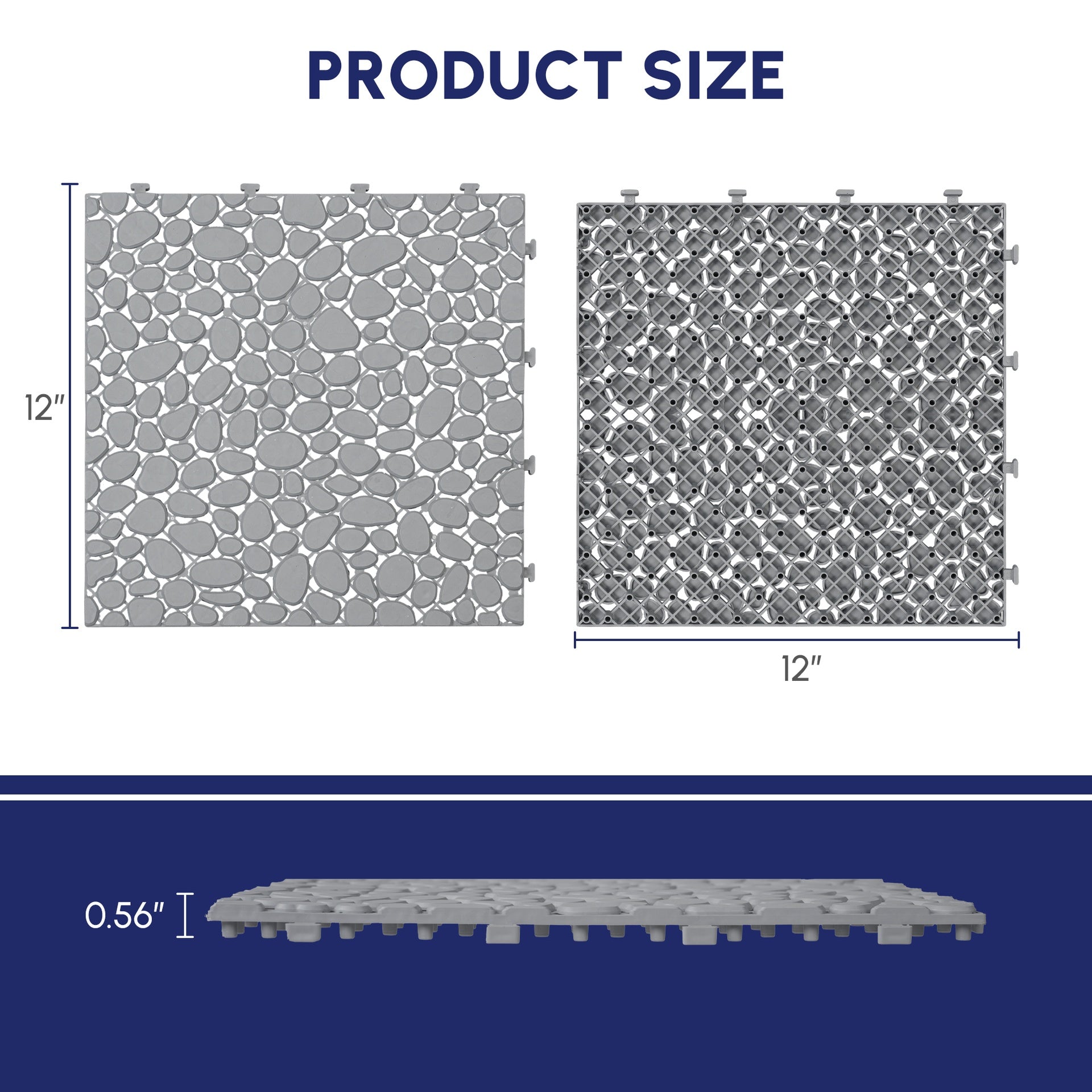 12 x 12 Inch Gray Interlocking Deck Tiles Plastic Waterproof Outdoor All Weather Anti-slip Bathroom Shower Balcony Porch Strong Weight Capacity Upto 440 LBS, Pebble Stone Pattern Pack of 60