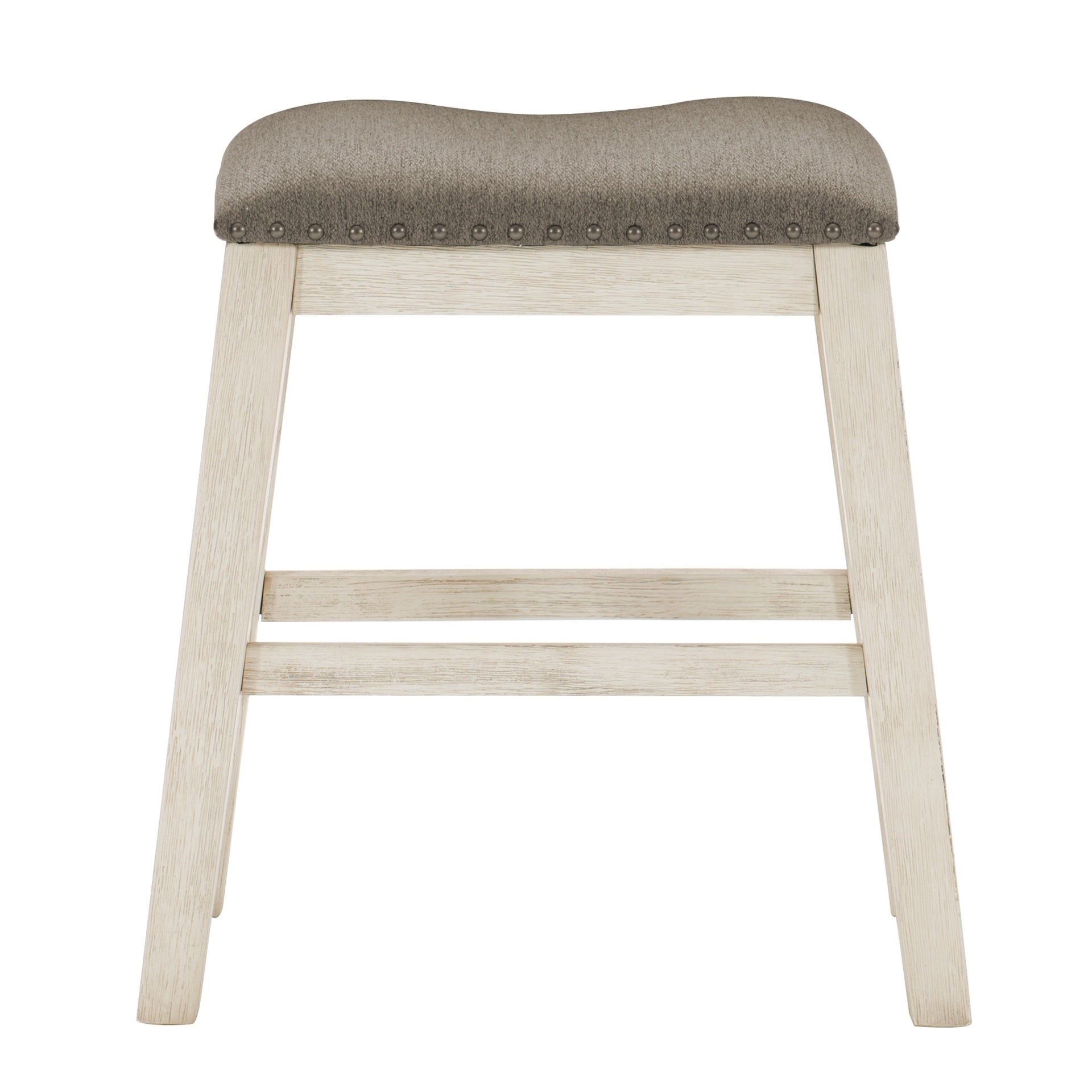 Antique White Finish Set of 2 Counter Height Barstool Brown Textured Fabric Upholstered Nailhead Trim Casual Dining Furniture