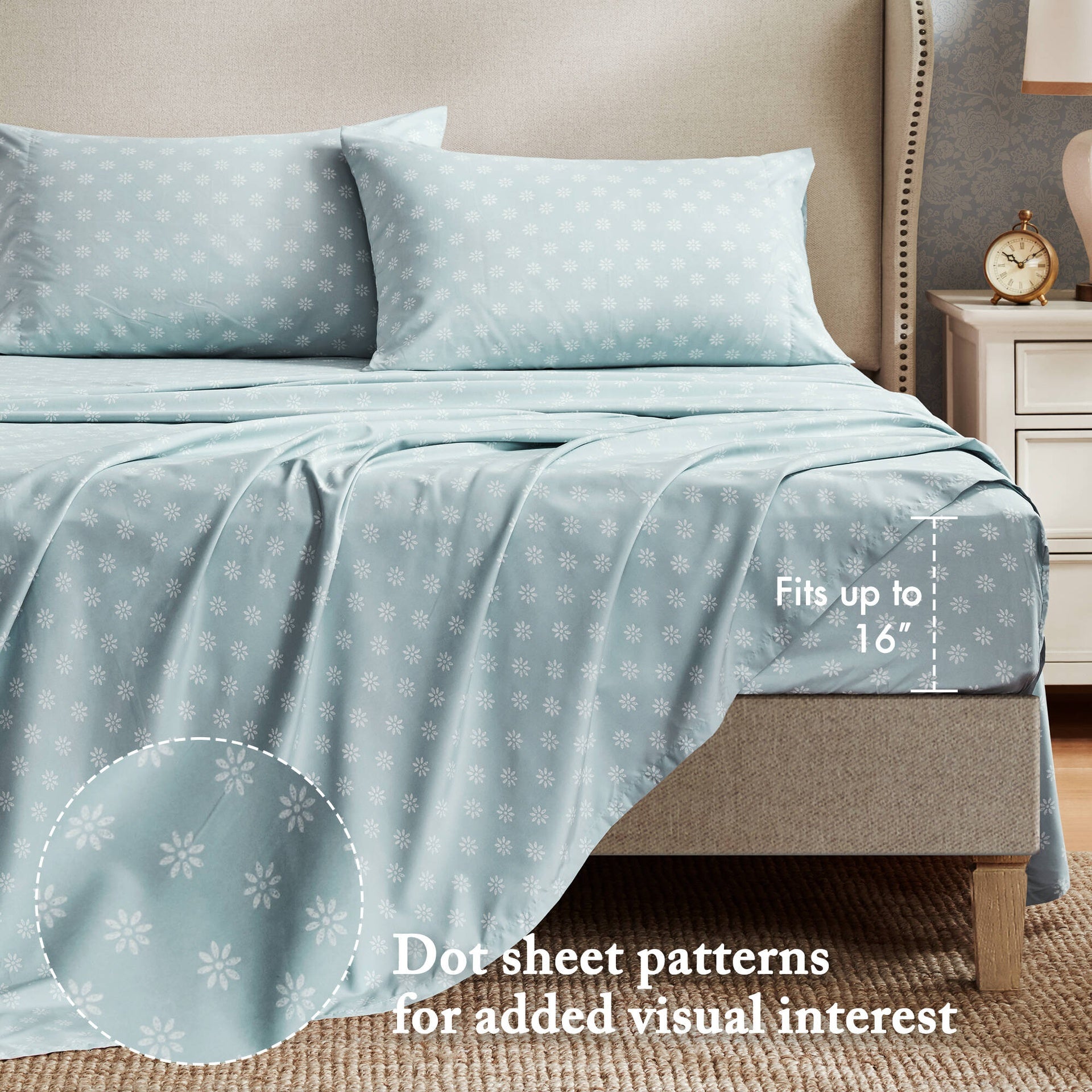 7-Piece Queen 7 Piece Vintage-inspired Collection floral print,Soft Blue