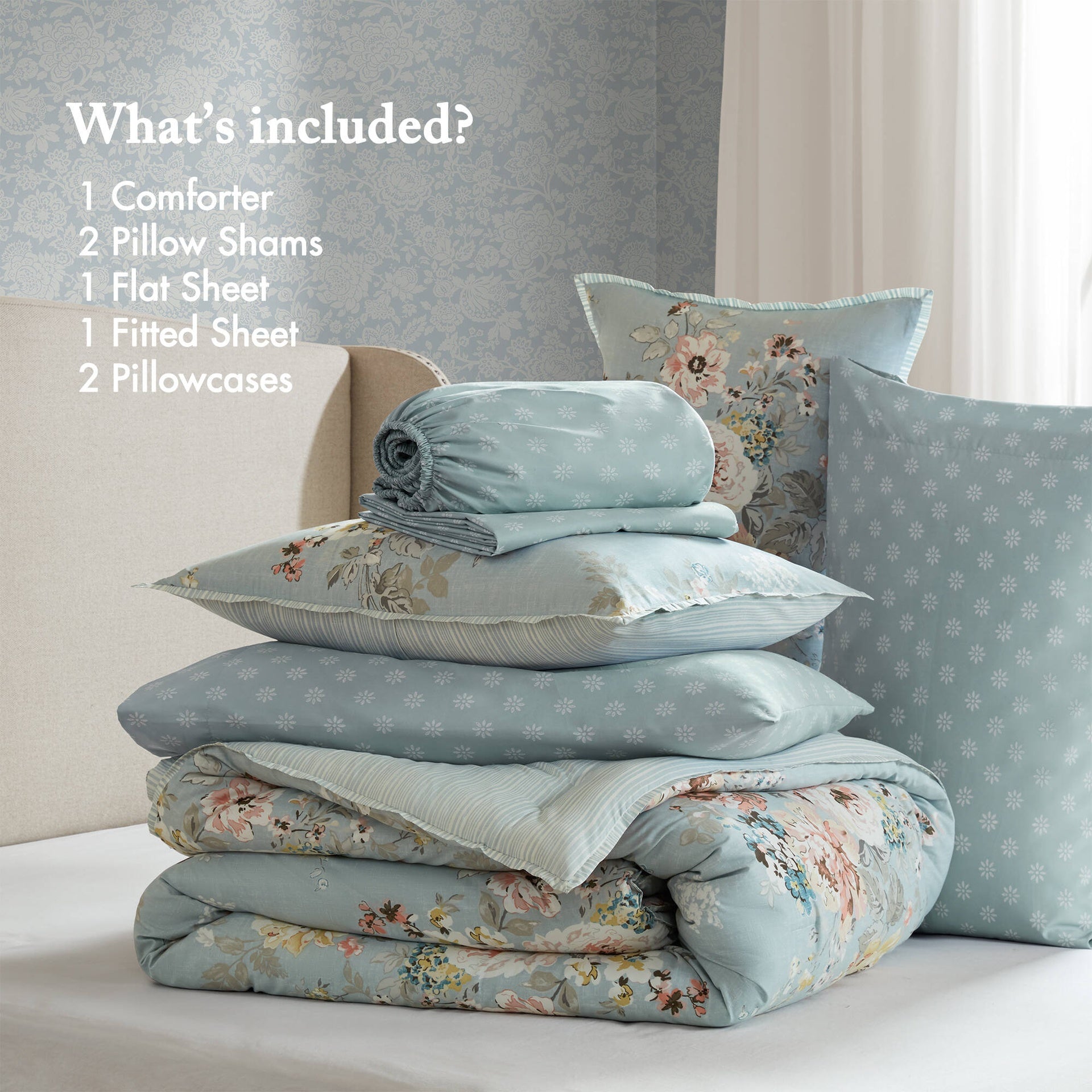 7-Piece Queen 7 Piece Vintage-inspired Collection floral print,Soft Blue