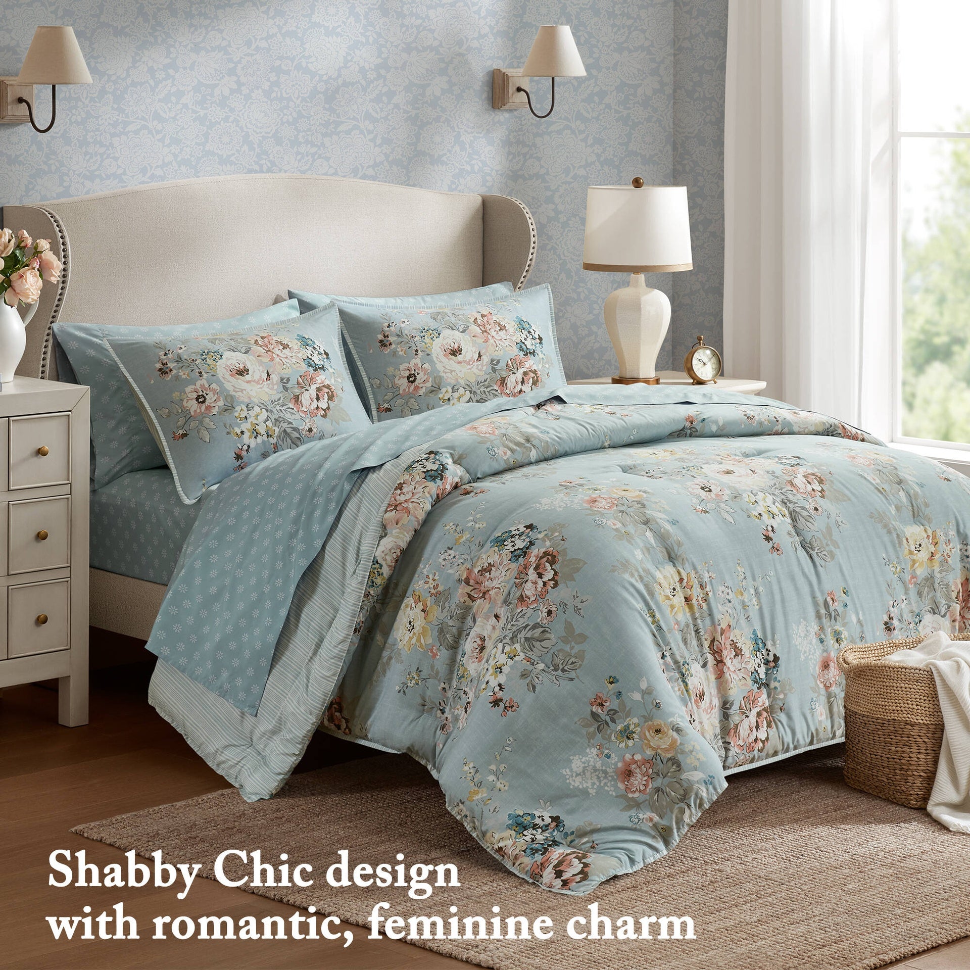 7-Piece Queen 7 Piece Vintage-inspired Collection floral print,Soft Blue