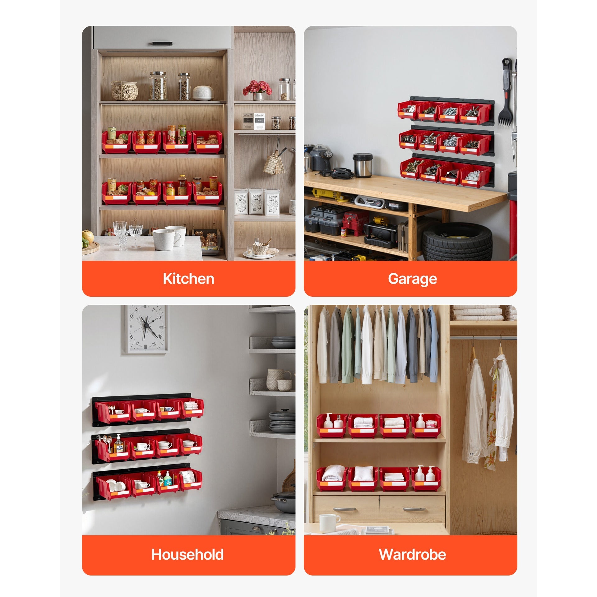 Wall Mounted Storage Bins, 12 Plastic Bins & 3 Metal Rails, Plastic Hanging Stackable Storage Bin for Screws, Nuts, Bolts, Nails, Hardware Tool Organizer for Workshop, Craft Room, Garage, Red