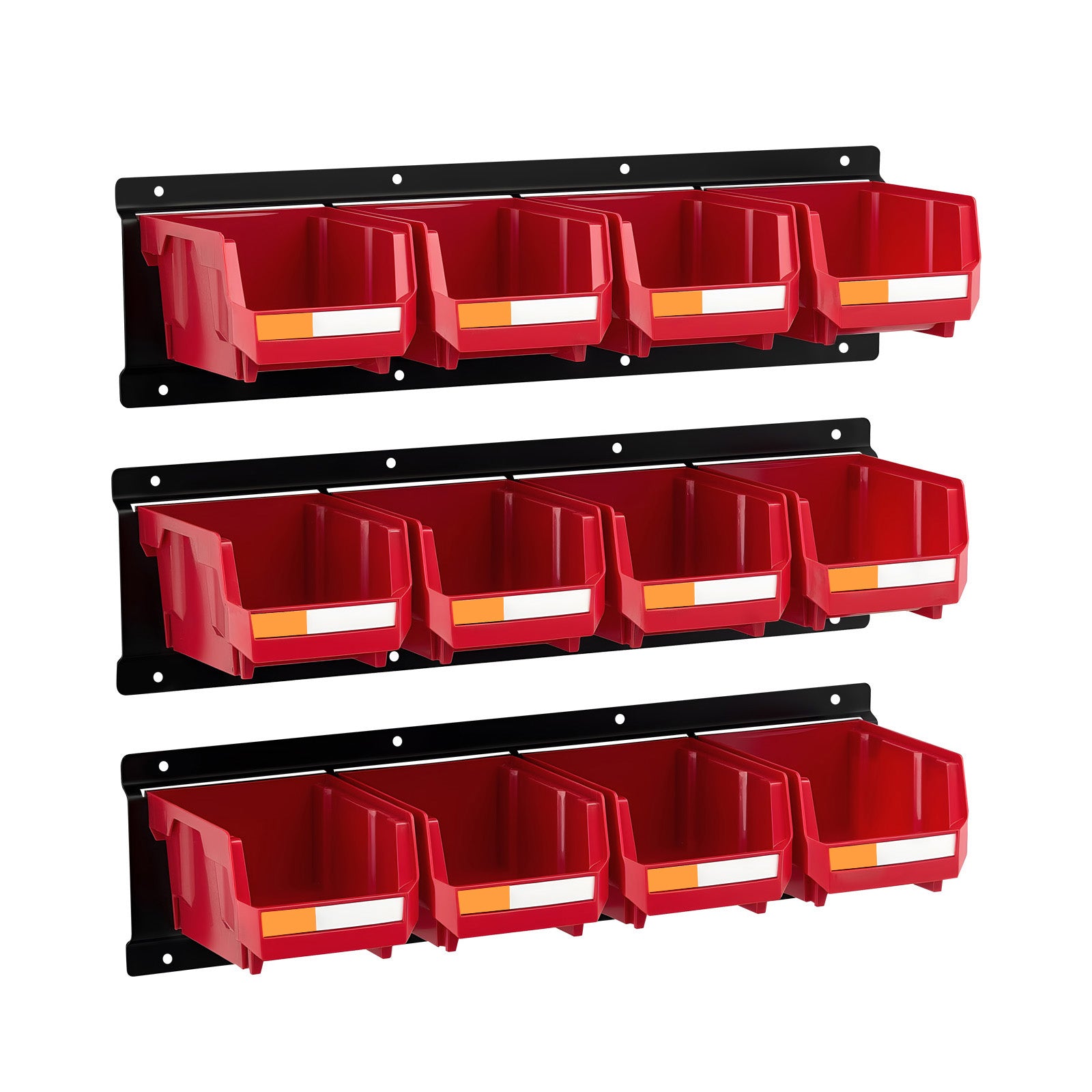 Wall Mounted Storage Bins, 12 Plastic Bins & 3 Metal Rails, Plastic Hanging Stackable Storage Bin for Screws, Nuts, Bolts, Nails, Hardware Tool Organizer for Workshop, Craft Room, Garage, Red