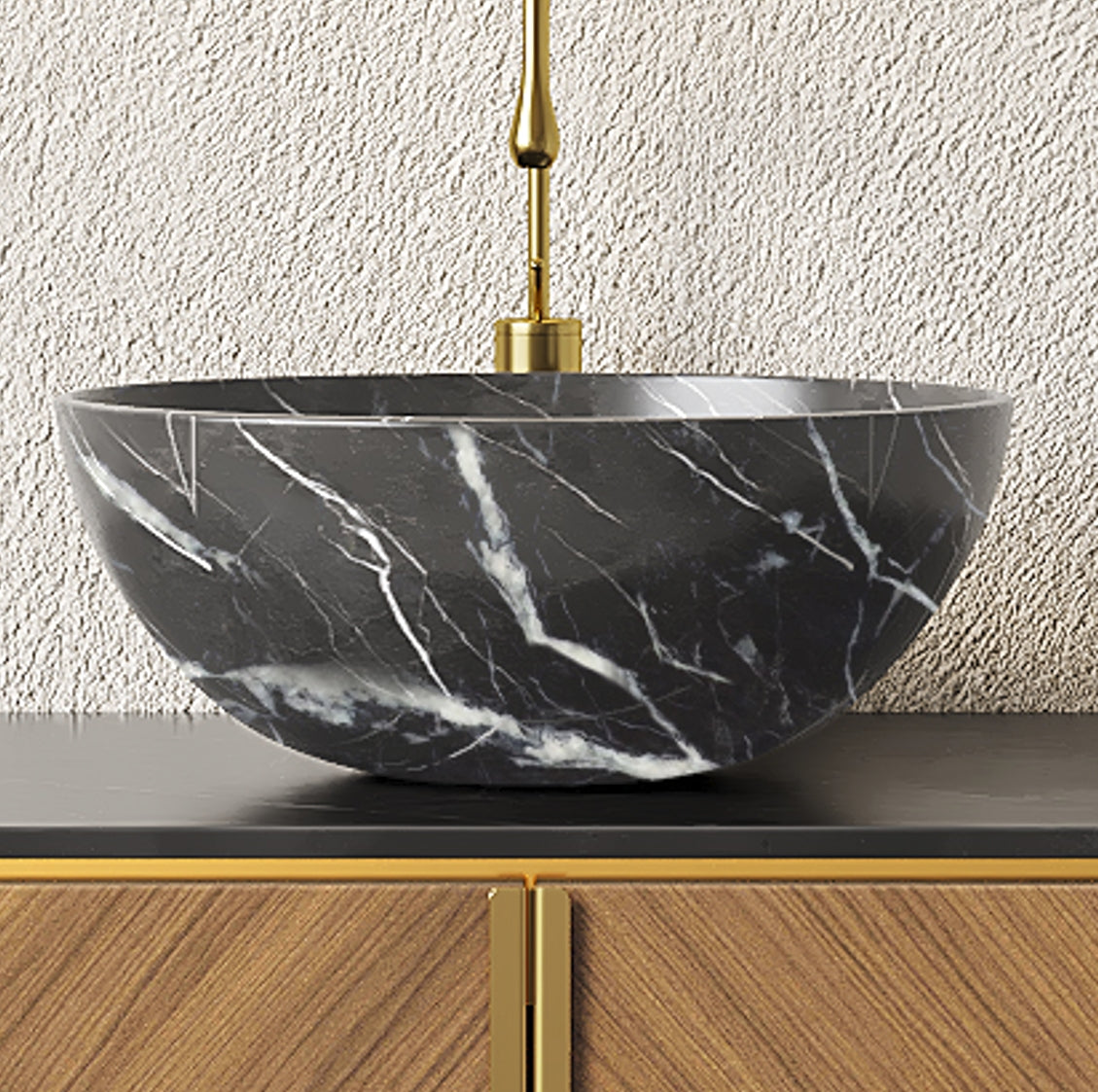 14'' Bathroom Bowl Ceramic Sink with Stone Pattern, No Faucet, Matte Black
