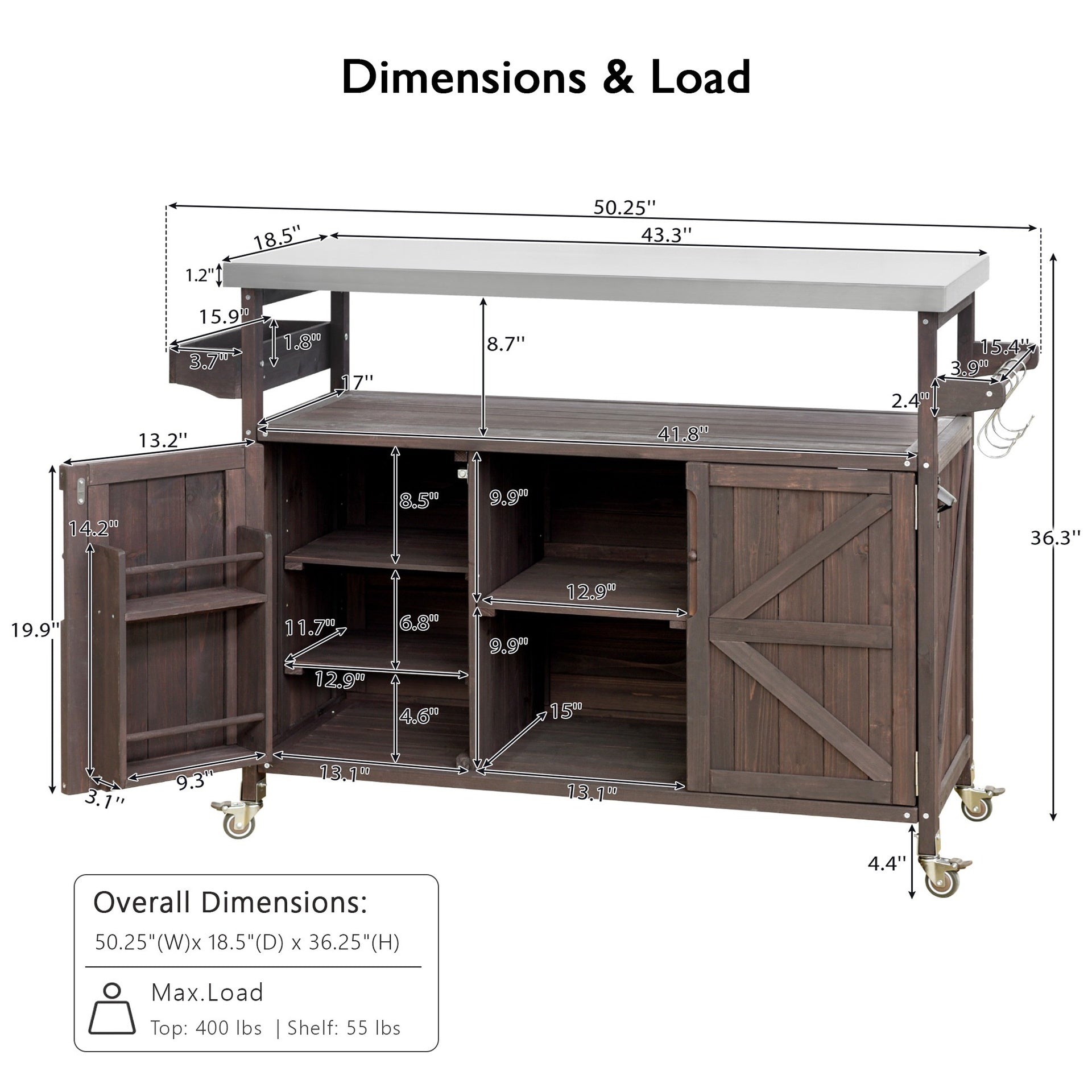 K&K Outdoor Kitchen Island, Rolling Bar Cart & Storage Cabinet, Farmhouse Solid Wood Outdoor Grill Table with Stainless Steel Top, Spice Rack , Towel Rack for Kitchen & Barbecue , Dark Brown