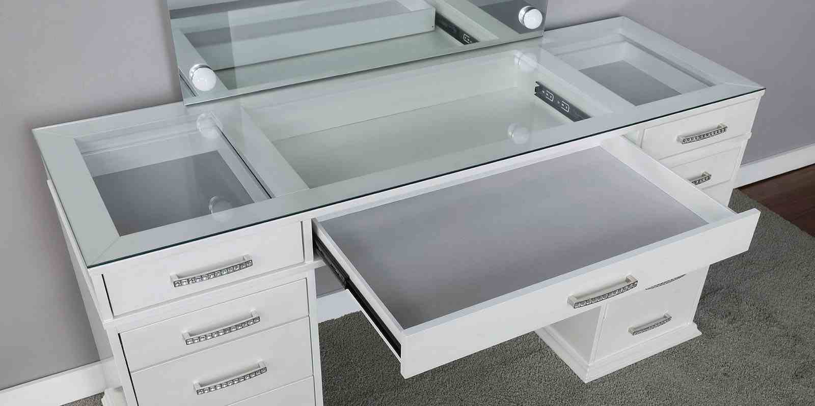 Glam Style 1pc Vanity w/ Padded Stool Set 8mm Glass Top Storage Drawers LED On Mirror Luminous White Finish Bedroom Furniture