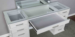 Glam Style 1pc Vanity w/ Padded Stool Set 8mm Glass Top Storage Drawers LED On Mirror Luminous White Finish Bedroom Furniture