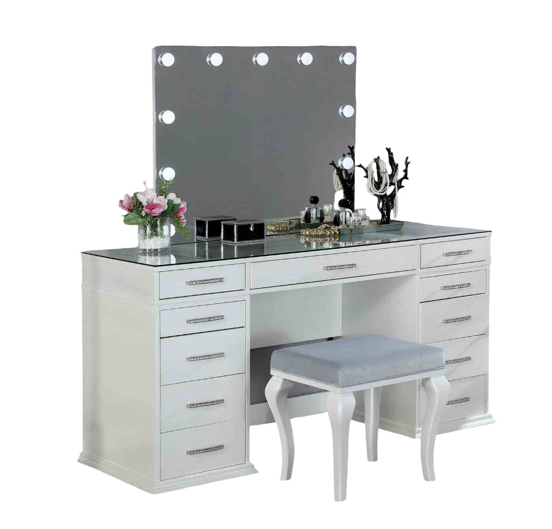 Glam Style 1pc Vanity w/ Padded Stool Set 8mm Glass Top Storage Drawers LED On Mirror Luminous White Finish Bedroom Furniture