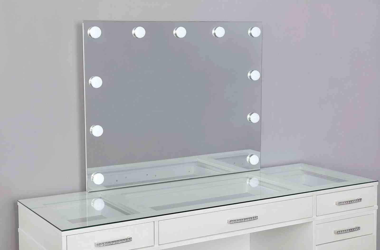Glam Style 1pc Vanity w/ Padded Stool Set 8mm Glass Top Storage Drawers LED On Mirror Luminous White Finish Bedroom Furniture