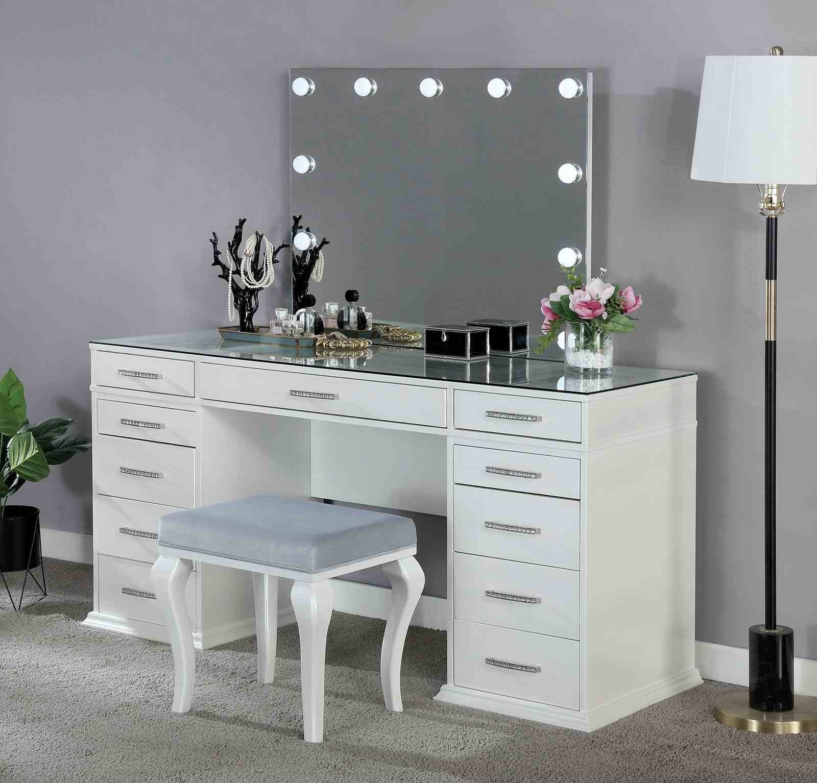 Glam Style 1pc Vanity w/ Padded Stool Set 8mm Glass Top Storage Drawers LED On Mirror Luminous White Finish Bedroom Furniture