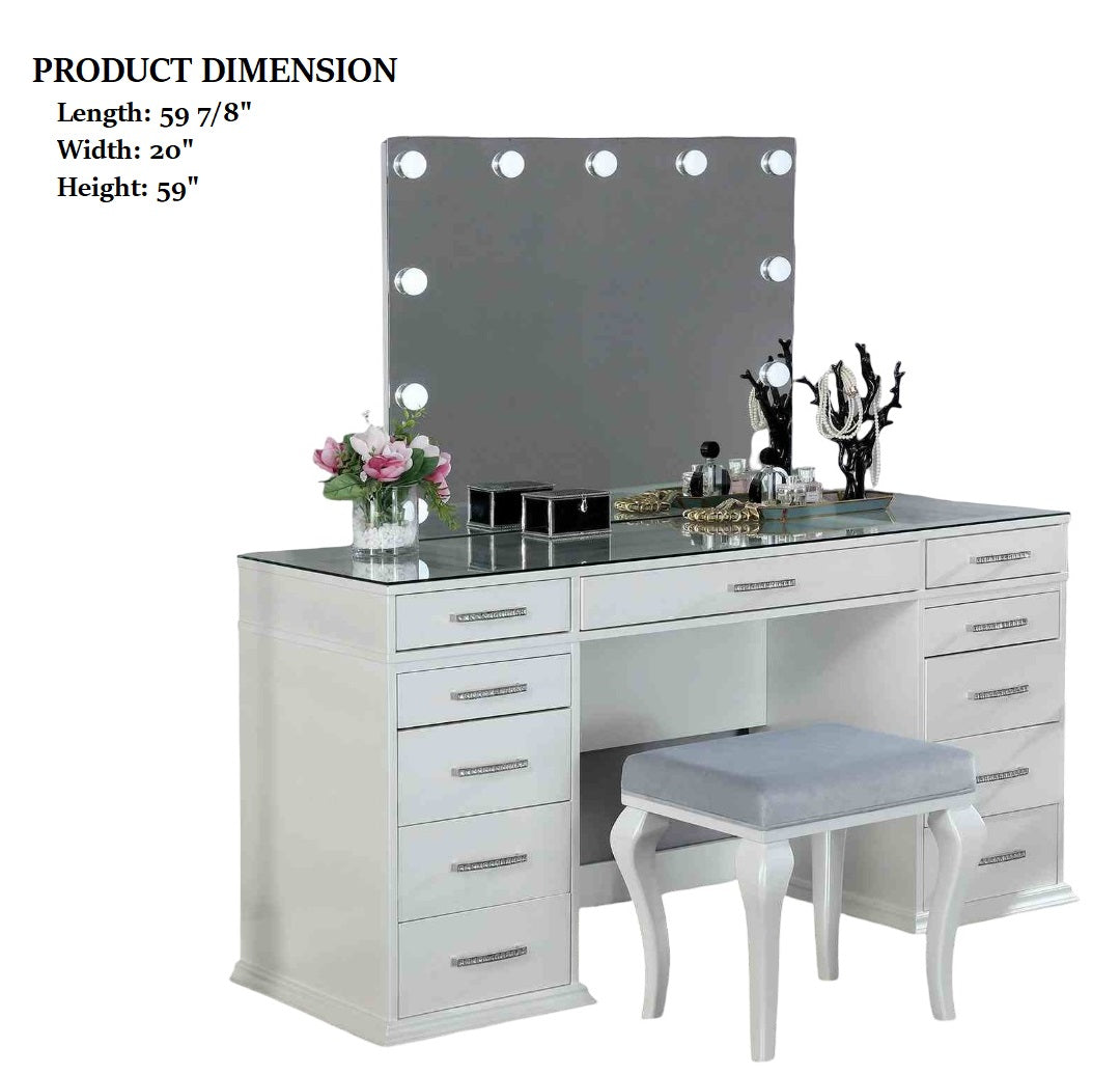 Glam Style 1pc Vanity w/ Padded Stool Set 8mm Glass Top Storage Drawers LED On Mirror Luminous White Finish Bedroom Furniture