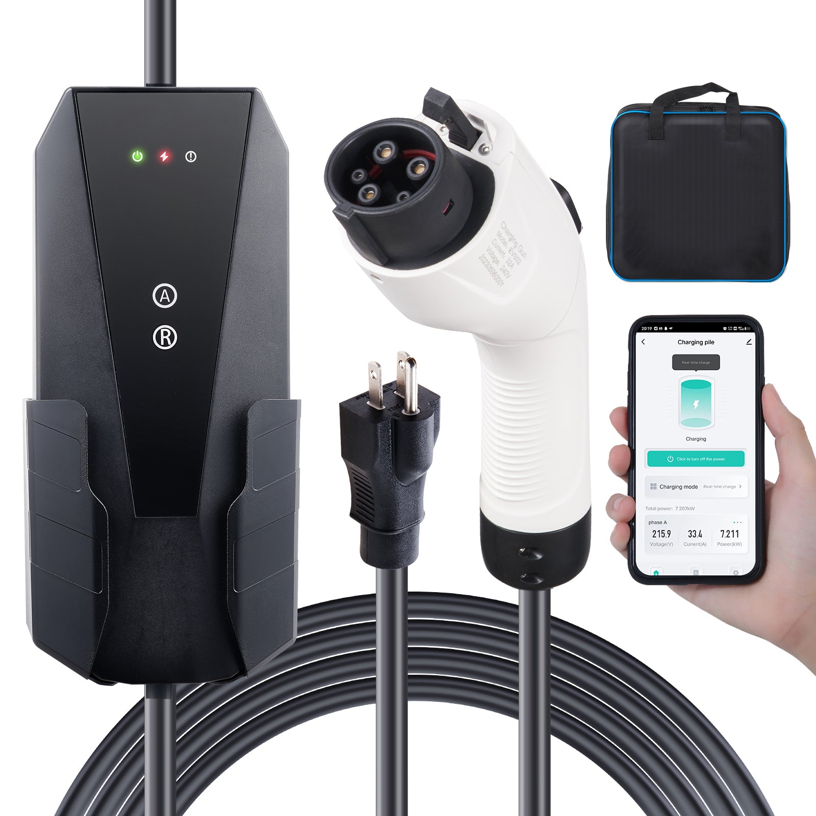 Level 1+2 Portable EV Charger, 16 Amp 120V or 240V, Electric Vehicle Charger with 28-Foot Charging Cable NEMA 6-20P Plug NEMA 5-15 Adapter, Plug-in Home EV Charging Station for SAE J1772 EVs