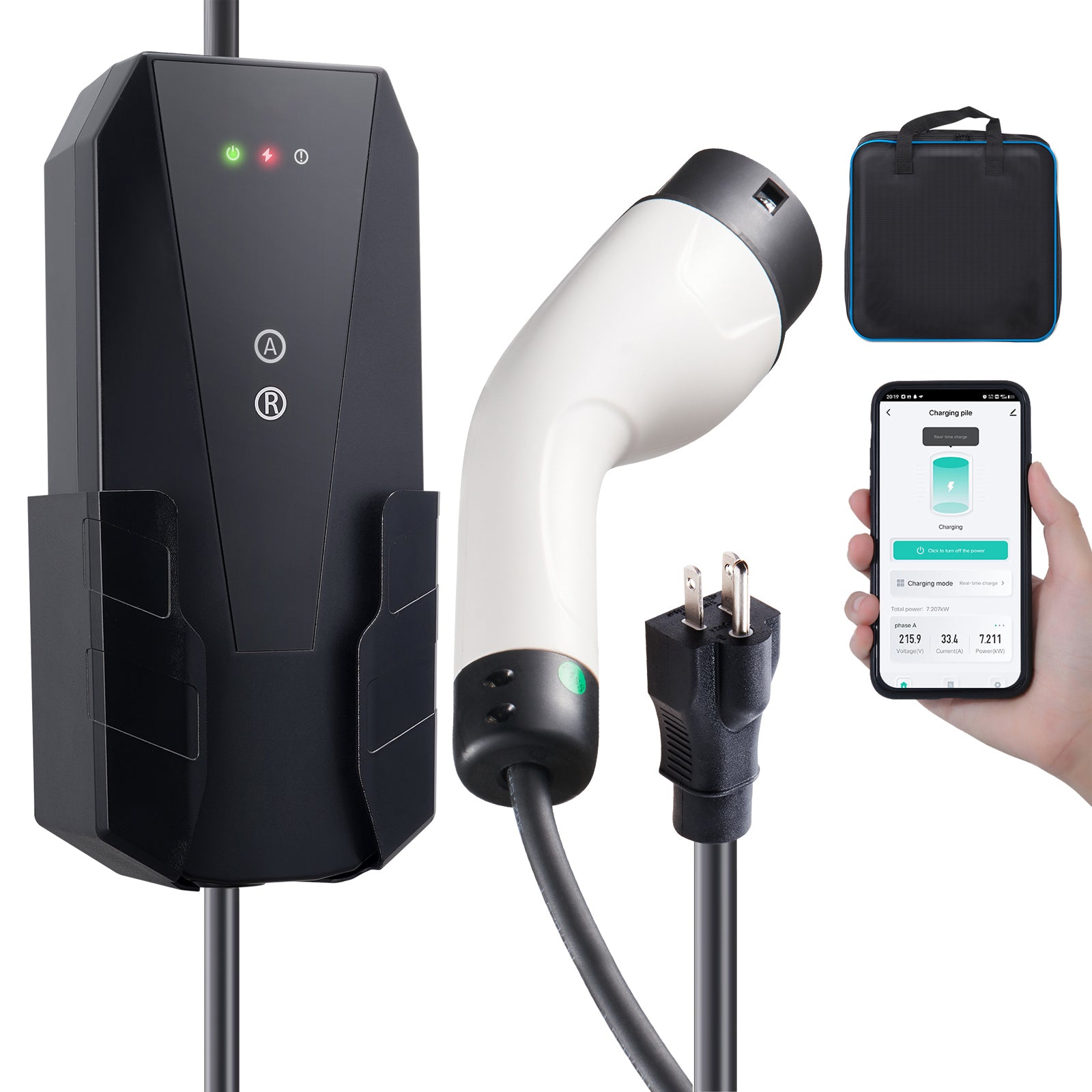 Level 1+2 Portable EV Charger, 16 Amp 120V or 240V, Electric Vehicle Charger with 28-Foot Charging Cable NEMA 6-20P Plug NEMA 5-15 Adapter, Plug-in Home EV Charging Station for SAE J1772 EVs