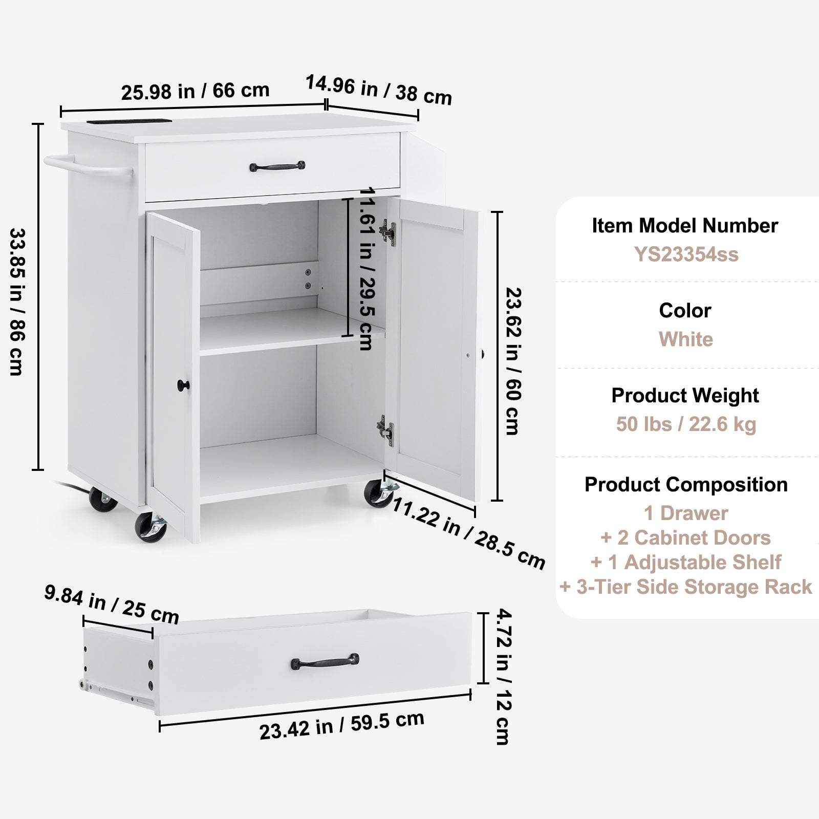 Kitchen Island Cart Rolling Storage Cabinet on Wheel with Charging Station